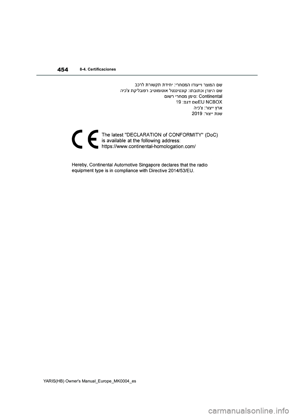 TOYOTA YARIS HATCHBACK 2021  Manual del propietario (in Spanish) 454
YARIS(HB) Owners Manual_Europe_MK0004_es
8-4. Certificaciones 