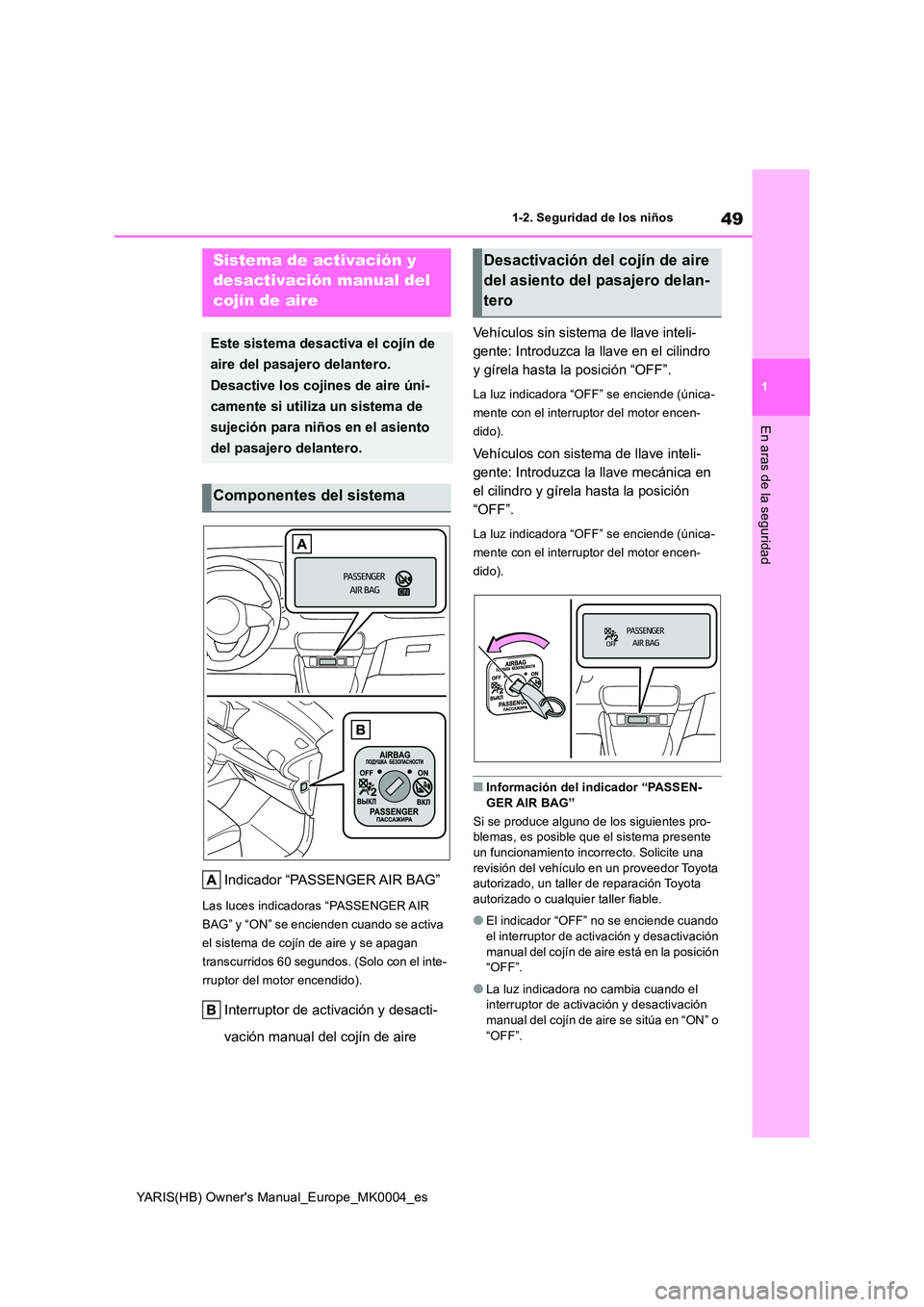 TOYOTA YARIS HATCHBACK 2021 Manual del propietario (in Spanish) 49
1
YARIS(HB) Owners Manual_Europe_MK0004_es
1-2. Seguridad de los niños
En aras de la seguridad
1-2.Segu ridad de los niñ os
Indicador “PASSENGER AIR BAG”
Las luces indicadoras “PASSENGER A TOYOTA YARIS HATCHBACK 2021 Manual del propietario (in Spanish) 49
1
YARIS(HB) Owners Manual_Europe_MK0004_es
1-2. Seguridad de los niños
En aras de la seguridad
1-2.Segu ridad de los niñ os
Indicador “PASSENGER AIR BAG”
Las luces indicadoras “PASSENGER A