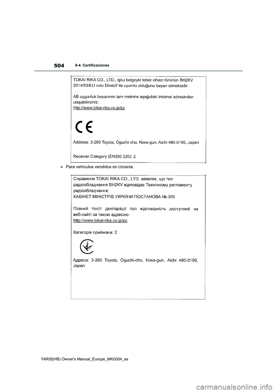 TOYOTA YARIS HATCHBACK 2021  Manual del propietario (in Spanish) 504
YARIS(HB) Owners Manual_Europe_MK0004_es
8-4. Certificaciones
Para vehículos vendidos en Ucrania 