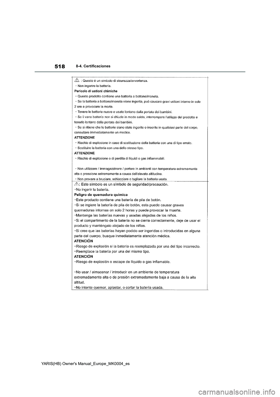 TOYOTA YARIS HATCHBACK 2021  Manual del propietario (in Spanish) 518
YARIS(HB) Owners Manual_Europe_MK0004_es
8-4. Certificaciones 