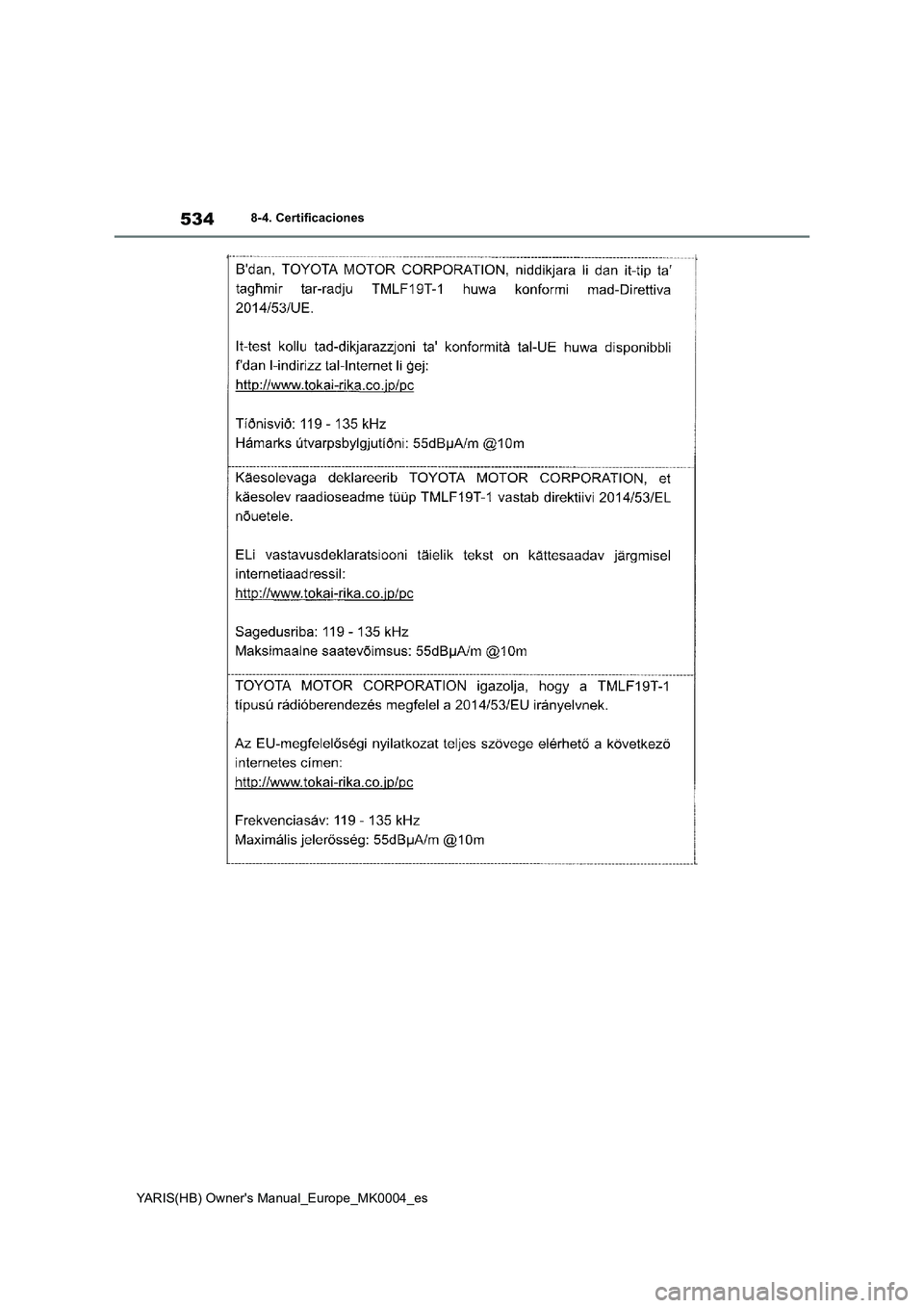 TOYOTA YARIS HATCHBACK 2021  Manual del propietario (in Spanish) 534
YARIS(HB) Owners Manual_Europe_MK0004_es
8-4. Certificaciones 