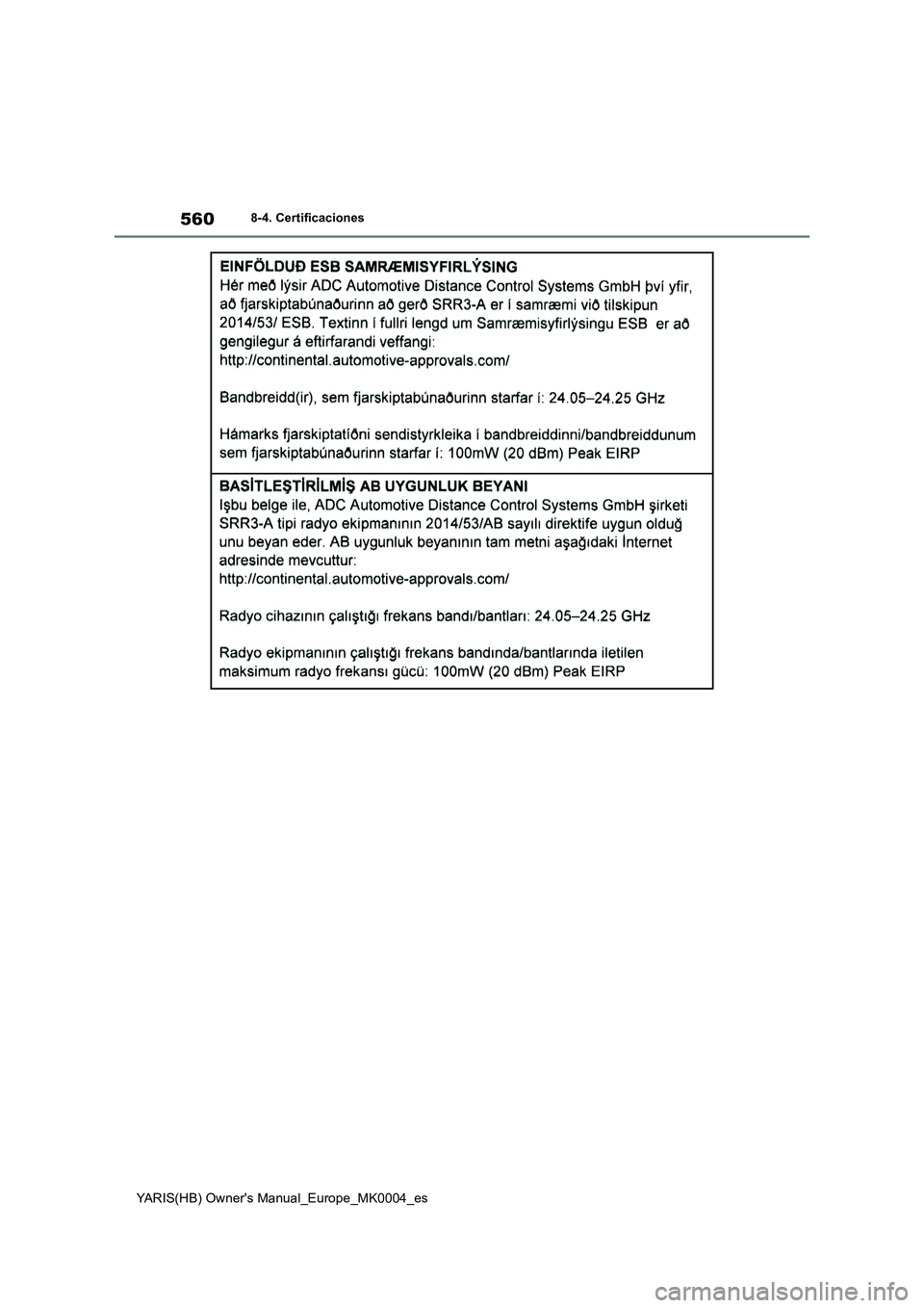 TOYOTA YARIS HATCHBACK 2021  Manual del propietario (in Spanish) 560
YARIS(HB) Owners Manual_Europe_MK0004_es
8-4. Certificaciones 
