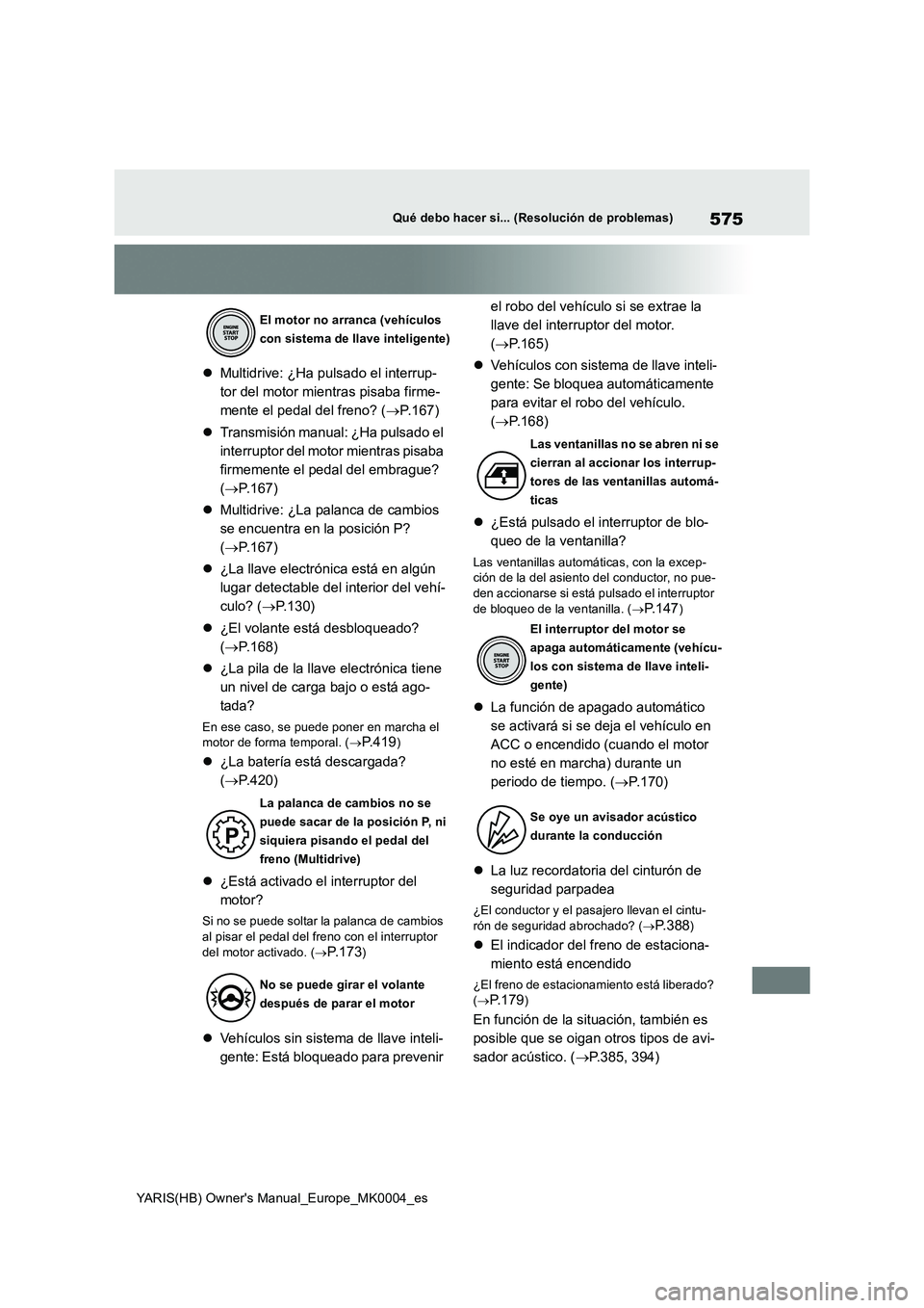 TOYOTA YARIS HATCHBACK 2021  Manual del propietario (in Spanish) 575
YARIS(HB) Owners Manual_Europe_MK0004_es
Qué debo hacer si... (Resolución de problemas)
�zMultidrive: ¿Ha pulsado el interrup-
tor del motor mientras pisaba firme-
mente el pedal del freno? (