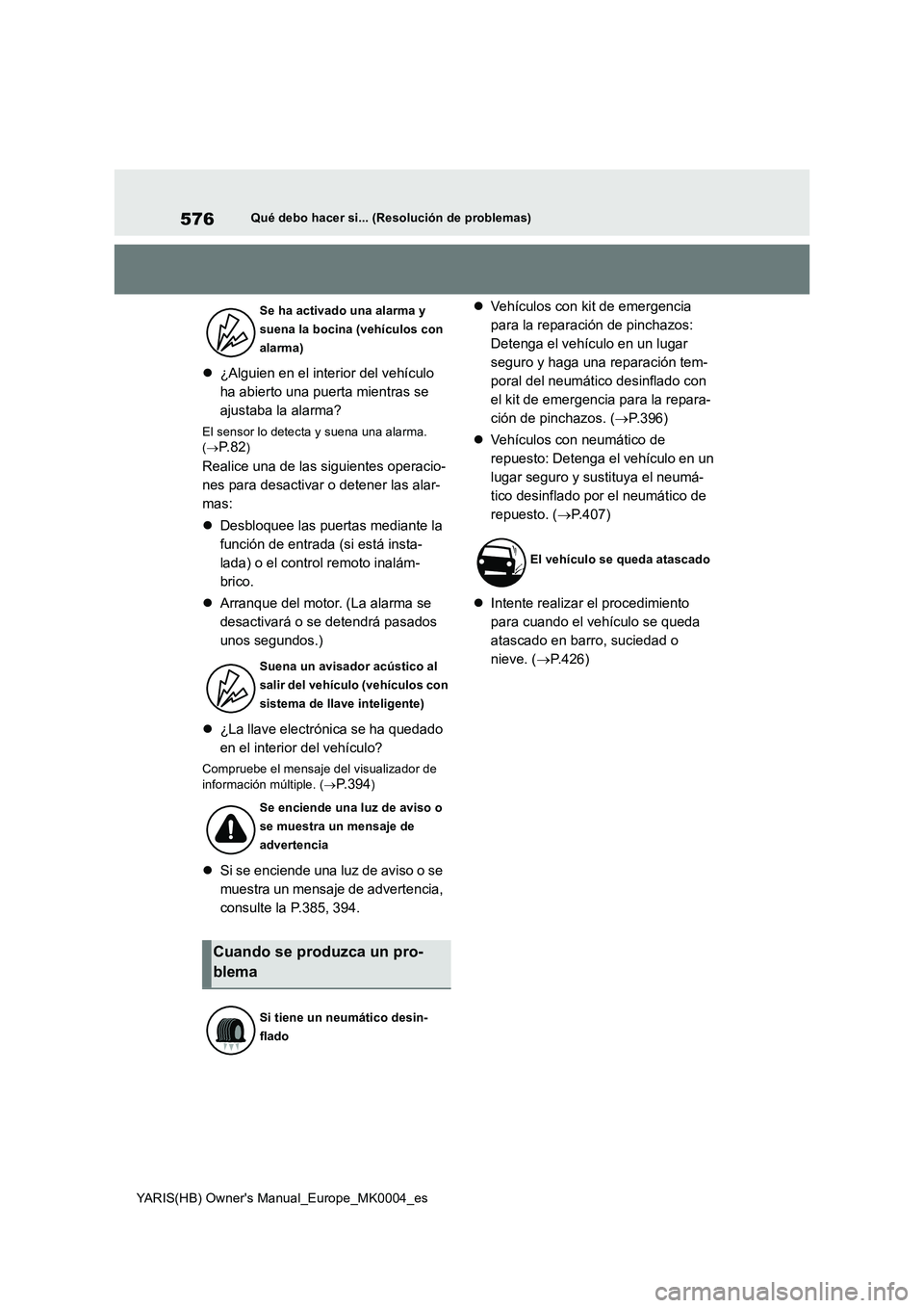 TOYOTA YARIS HATCHBACK 2021  Manual del propietario (in Spanish) 576
YARIS(HB) Owners Manual_Europe_MK0004_es
Qué debo hacer si... (Resolución de problemas)
�z¿Alguien en el interior del vehículo 
ha abierto una puerta mientras se 
ajustaba la alarma?
El senso