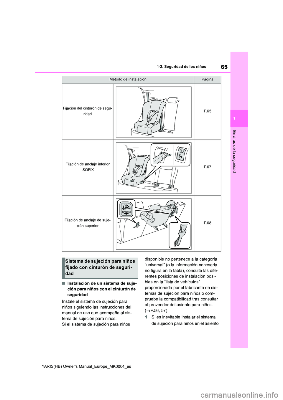 TOYOTA YARIS HATCHBACK 2021  Manual del propietario (in Spanish) 65
1
YARIS(HB) Owners Manual_Europe_MK0004_es
1-2. Seguridad de los niños
En aras de la seguridad
■Instalación de un sistema de suje- 
ción para niños con el cinturón de 
seguridad 
Instale el