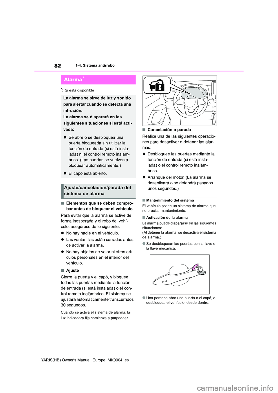 TOYOTA YARIS HATCHBACK 2021  Manual del propietario (in Spanish) 82
YARIS(HB) Owners Manual_Europe_MK0004_es
1-4. Sistema antirrobo
*: Si está disponible
■Elementos que se deben compro- 
bar antes de bloquear el vehículo 
Para evitar que la alarma se active de