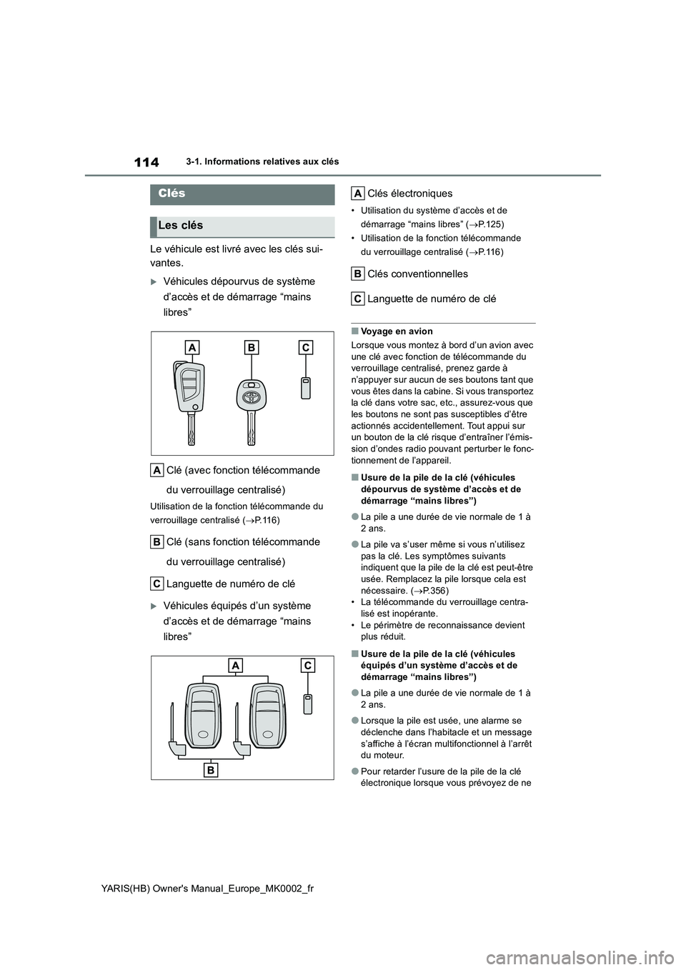TOYOTA YARIS HATCHBACK 2021  Manuel du propriétaire (in French) 114
YARIS(HB) Owners Manual_Europe_MK0002_fr
3-1. Informations relatives aux clés
3-1.In formations  relative s aux clés
Le véhicule est livré avec les clés sui-
vantes.
Véhicules dépourvus
