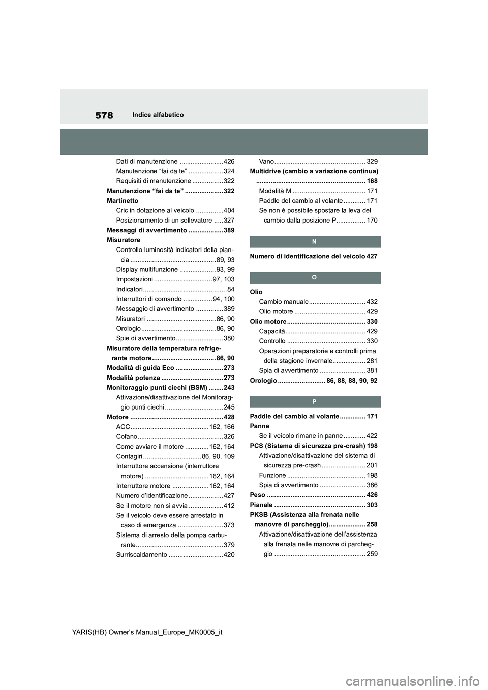 TOYOTA YARIS HATCHBACK 2021 Manuale duso (in Italian) 578
YARIS(HB) Owners Manual_Europe_MK0005_it
Indice alfabetico
Dati di manutenzione ........................ 426
Manutenzione “fai da te” ................... 324
Requisiti di manutenzione ....... TOYOTA YARIS HATCHBACK 2021 Manuale duso (in Italian) 578
YARIS(HB) Owners Manual_Europe_MK0005_it
Indice alfabetico
Dati di manutenzione ........................ 426
Manutenzione “fai da te” ................... 324
Requisiti di manutenzione .......