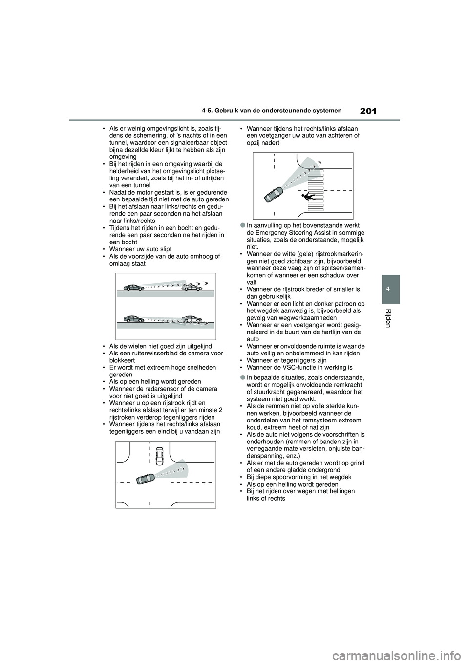 TOYOTA YARIS HATCHBACK 2021  Instructieboekje (in Dutch) 201
4
YARIS(HB) handleiding_Europa_MK0001_nl
4-5. Gebruik van de ondersteunende systemen
Rijden
• Als er weinig omgevingslicht is, zoals tij-
dens de schemering, of s nachts of in een 
tunnel, waar