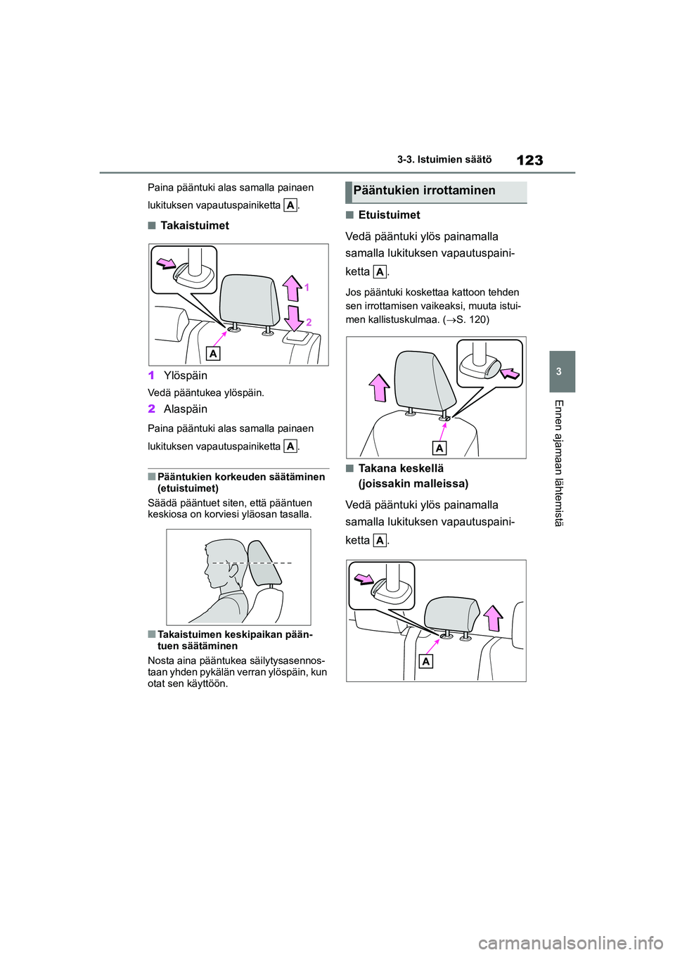 TOYOTA YARIS HATCHBACK 2021  Omistajan Käsikirja (in Finnish) 123
3
YARIS OMK0001FI
3-3. Istuimien säätö
Ennen ajamaan lähtemistä
Paina pääntuki alas samalla painaen 
lukituksen vapautuspainiketta  .
nTakaistuimet
1 Ylöspäin
Vedä pääntukea ylöspäin