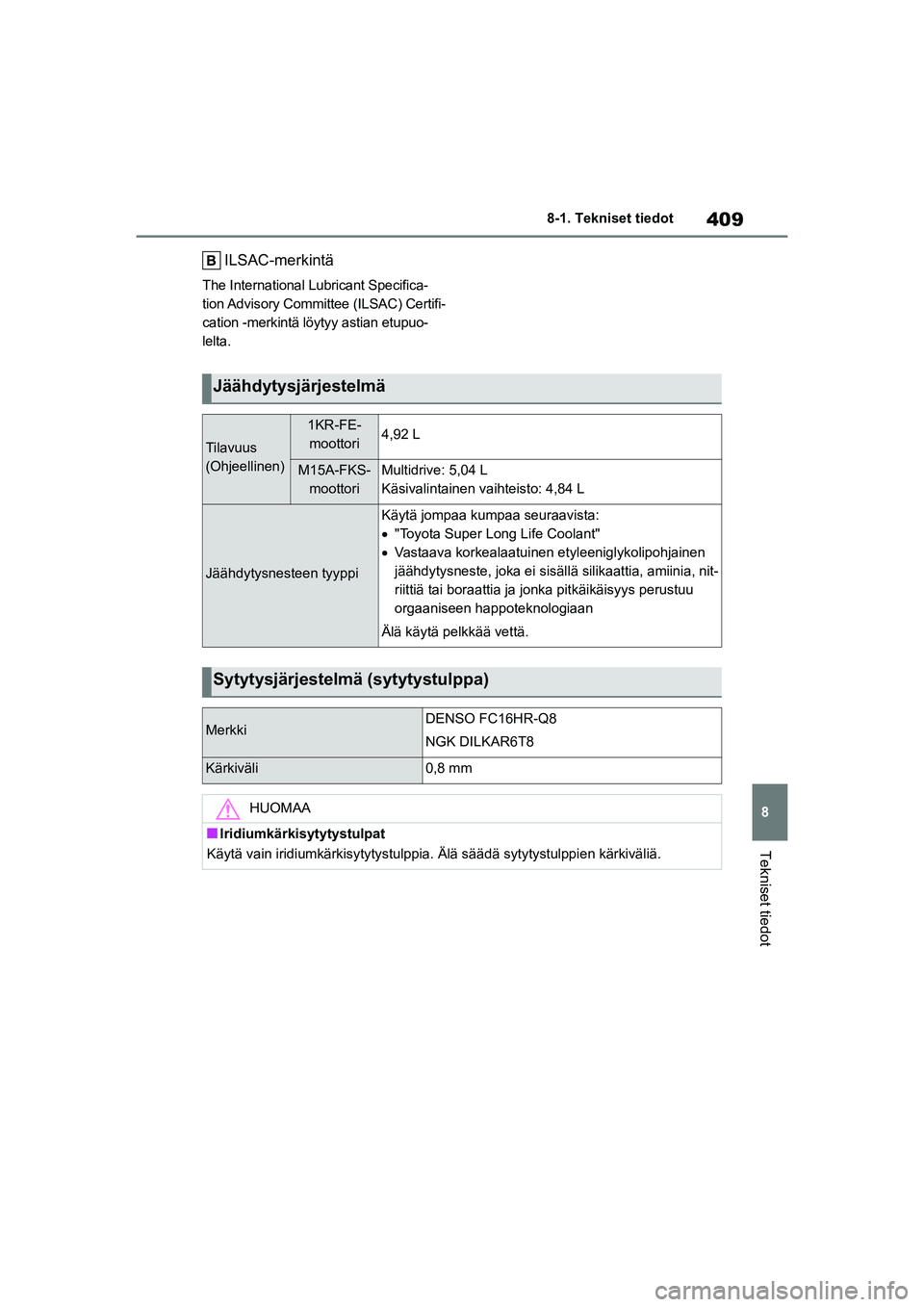 TOYOTA YARIS HATCHBACK 2021  Omistajan Käsikirja (in Finnish) 409
8
YARIS OMK0001FI
8-1. Tekniset tiedot
Tekniset tiedot
ILSAC-merkintä
The International Lubricant Specifica-
tion Advisory Committee (ILSAC) Certifi-
cation -merkintä löytyy astian etupuo-
lelt