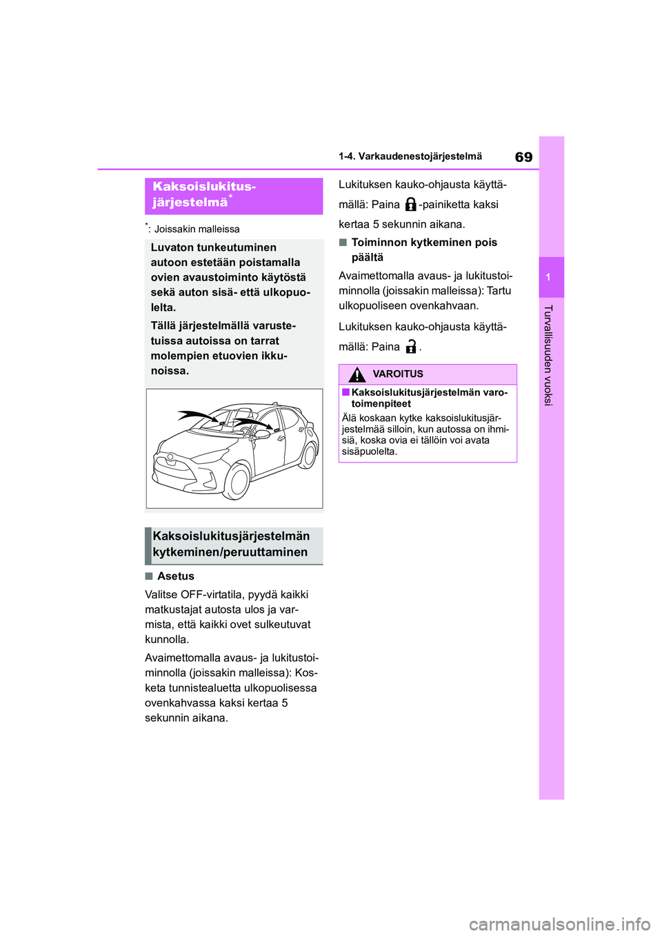 TOYOTA YARIS HATCHBACK 2021  Omistajan Käsikirja (in Finnish) 69
1
YARIS OMK0001FI
1-4. Varkaudenestojärjestelmä
Turvallisuuden vuoksi
*: Joissakin malleissa
nAsetus
Valitse OFF-virtatila, pyydä kaikki 
matkustajat autosta ulos ja var-
mista, että kaikki ove