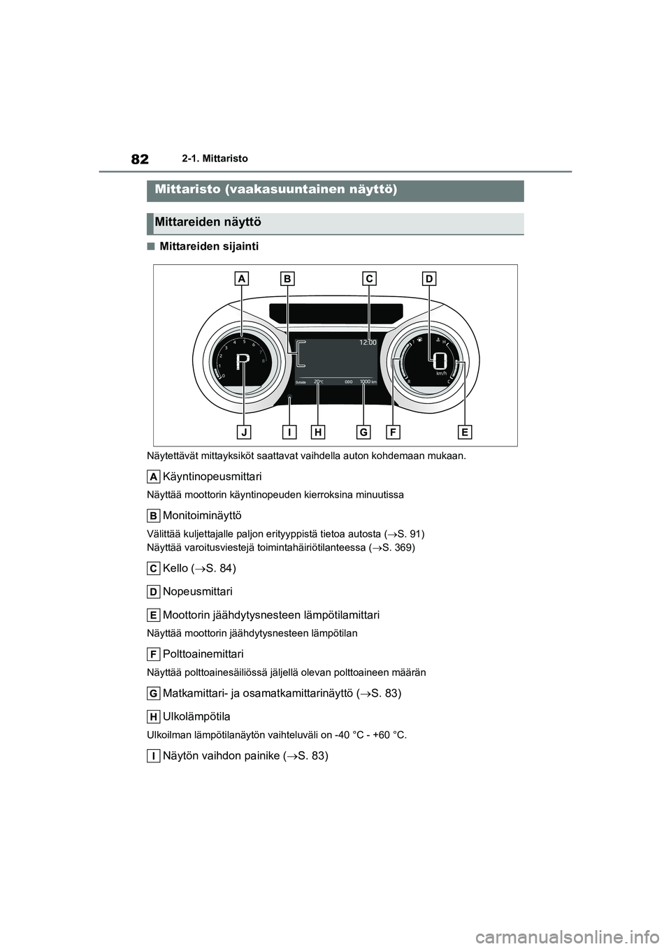 TOYOTA YARIS HATCHBACK 2021  Omistajan Käsikirja (in Finnish) 82
YARIS OMK0001FI
2-1. Mittaristo
nMittareiden sijainti
Näytettävät mittayksiköt saattavat vaihdella  auton kohdemaan mukaan.
Käyntinopeusmittari
Näyttää moottorin käyntinopeuden kierroksina