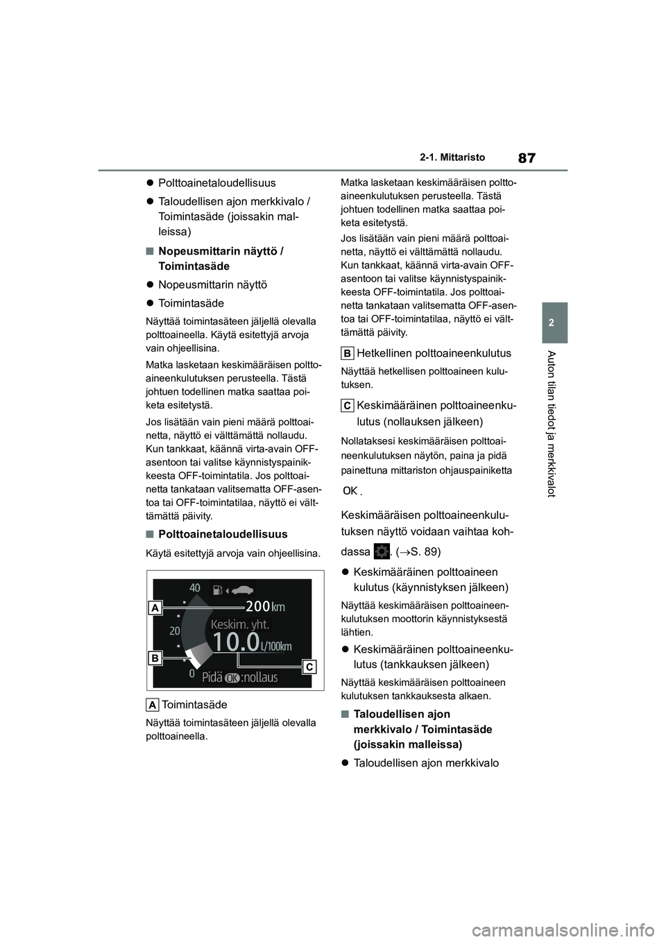 TOYOTA YARIS HATCHBACK 2021  Omistajan Käsikirja (in Finnish) 87
2
YARIS OMK0001FI
2-1. Mittaristo
Auton tilan tiedot ja merkkivalot
Polttoainetaloudellisuus
 Taloudellisen ajon merkkivalo / 
Toimintasäde (joissakin mal-
leissa)
nNopeusmittarin näyttö /