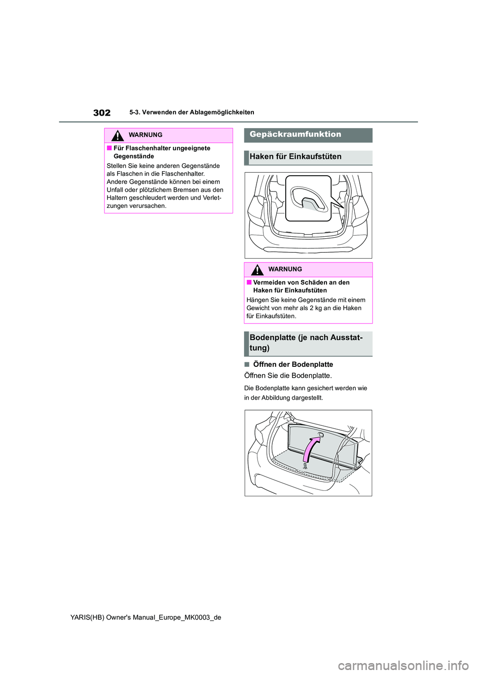 TOYOTA YARIS HATCHBACK 2020  Betriebsanleitungen (in German) 302
YARIS(HB) Owners Manual_Europe_MK0003_de
5-3. Verwenden der Ablagemöglichkeiten
■Öffnen der Bodenplatte 
Öffnen Sie die Bodenplatte.
Die Bodenplatte kann gesichert werden wie  
in der Abbild
