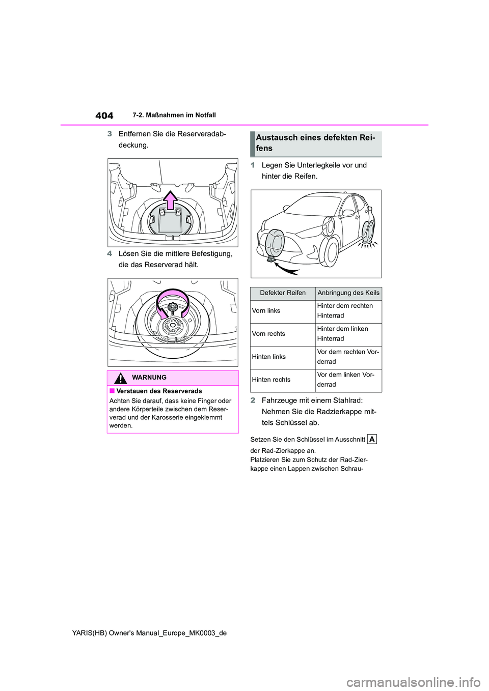 TOYOTA YARIS HATCHBACK 2020  Betriebsanleitungen (in German) 404
YARIS(HB) Owners Manual_Europe_MK0003_de
7-2. Maßnahmen im Notfall
3Entfernen Sie die Reserveradab- 
deckung. 
4 Lösen Sie die mittlere Befestigung,  
die das Reserverad hält. 
1 Legen Sie Unt