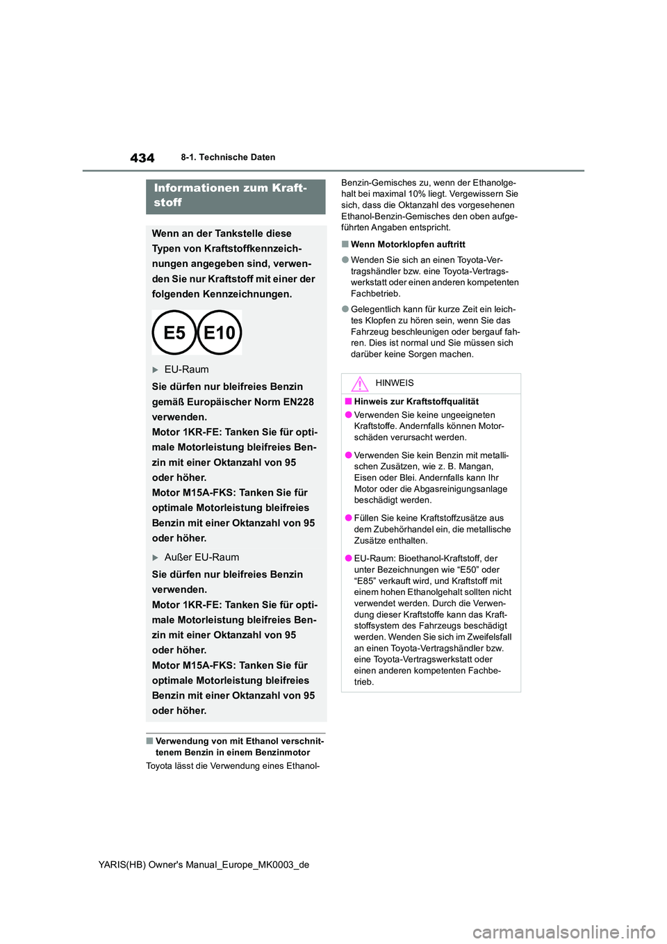 TOYOTA YARIS HATCHBACK 2020  Betriebsanleitungen (in German) 434
YARIS(HB) Owners Manual_Europe_MK0003_de
8-1. Technische Daten
■Verwendung von mit Ethanol verschnit- tenem Benzin in einem Benzinmotor 
Toyota lässt die Verwendung eines Ethanol- 
Benzin-Gemi