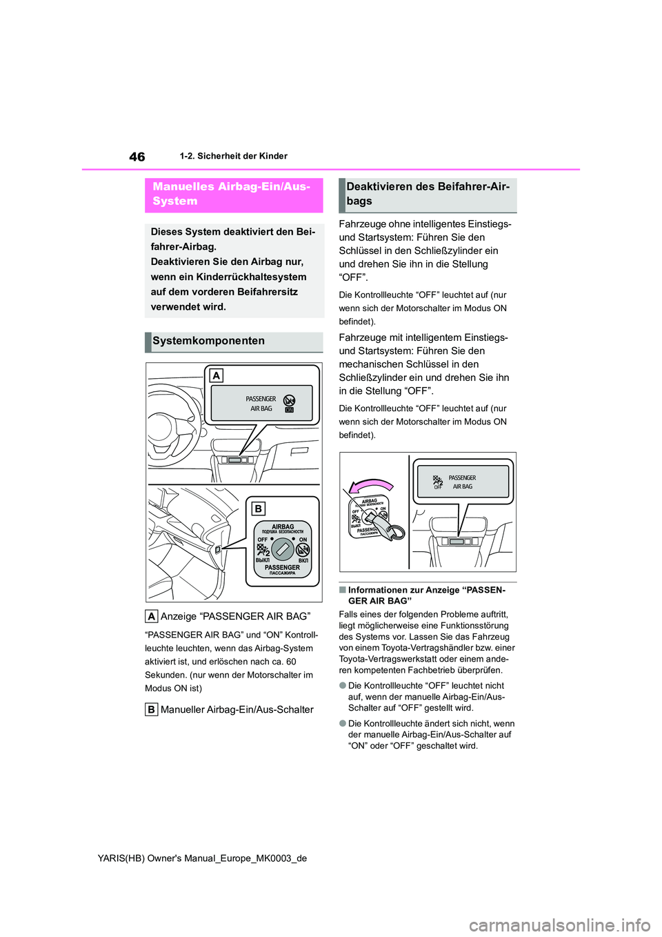TOYOTA YARIS HATCHBACK 2020  Betriebsanleitungen (in German) 46
YARIS(HB) Owners Manual_Europe_MK0003_de
1-2. Sicherheit der Kinder
1-2.Sicherheit der Kind er
Anzeige “PASSENGER AIR BAG”
“PASSENGER AIR BAG” und “ON” Kontroll- 
leuchte leuchten, wen