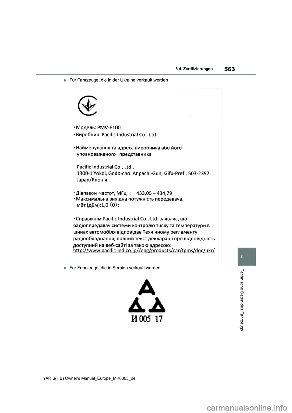 TOYOTA YARIS HATCHBACK 2020  Betriebsanleitungen (in German) 563
8
YARIS(HB) Owners Manual_Europe_MK0003_de
8-4. Zertifizierungen
Technische Daten des Fahrzeugs
Für Fahrzeuge, die in der Ukraine verkauft werden
Für Fahrzeuge, die in Serbien verkauft we