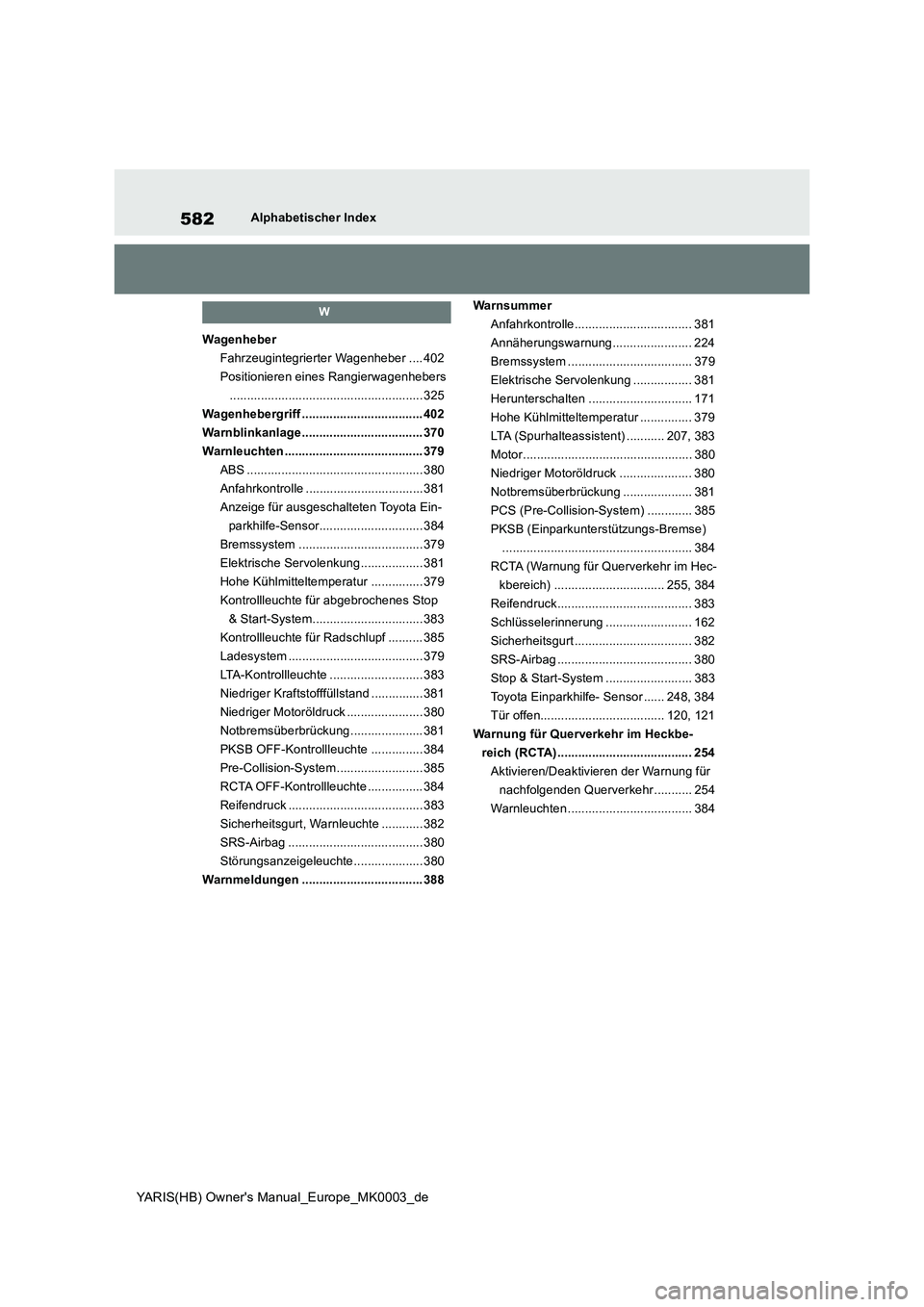 TOYOTA YARIS HATCHBACK 2020  Betriebsanleitungen (in German) 582
YARIS(HB) Owners Manual_Europe_MK0003_de
Alphabetischer Index
W
Wagenheber
Fahrzeugintegrierter Wagenheber .... 402
Positionieren eines Rangierwagenhebers
........................................