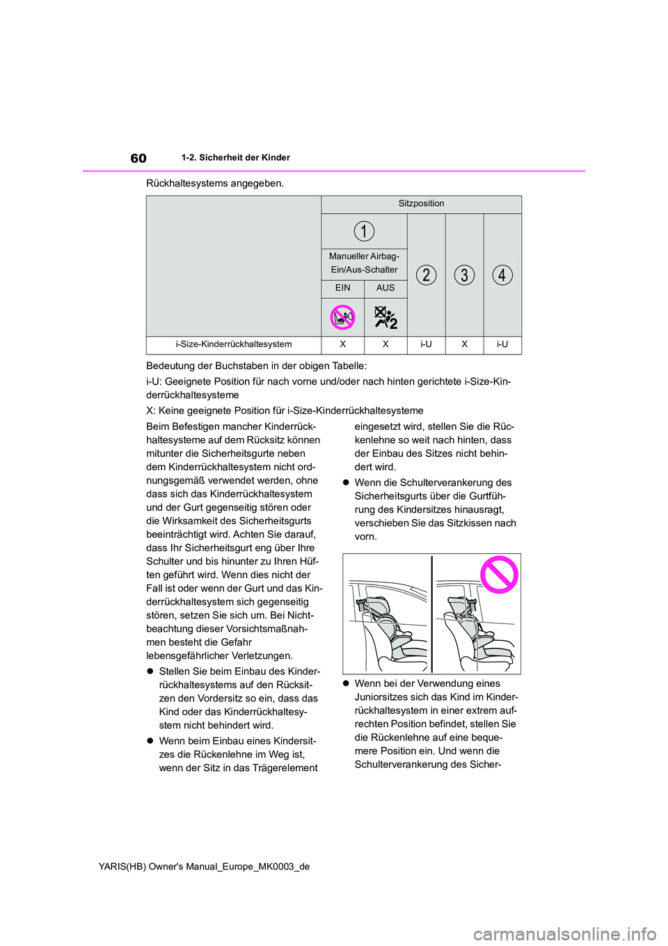 TOYOTA YARIS HATCHBACK 2020  Betriebsanleitungen (in German) 60
YARIS(HB) Owners Manual_Europe_MK0003_de
1-2. Sicherheit der Kinder
Rückhaltesystems angegeben. 
Bedeutung der Buchstaben in der obigen Tabelle: 
i-U: Geeignete Position für nach vorne und/oder 