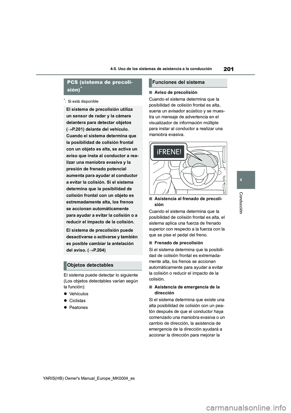 TOYOTA YARIS HATCHBACK 2020  Manual del propietario (in Spanish) 201
4
YARIS(HB) Owners Manual_Europe_MK0004_es
4-5. Uso de los sistemas de asistencia a la conducción
Conducción
*: Si está disponible
El sistema puede detectar lo siguiente 
(Los objetos detectab