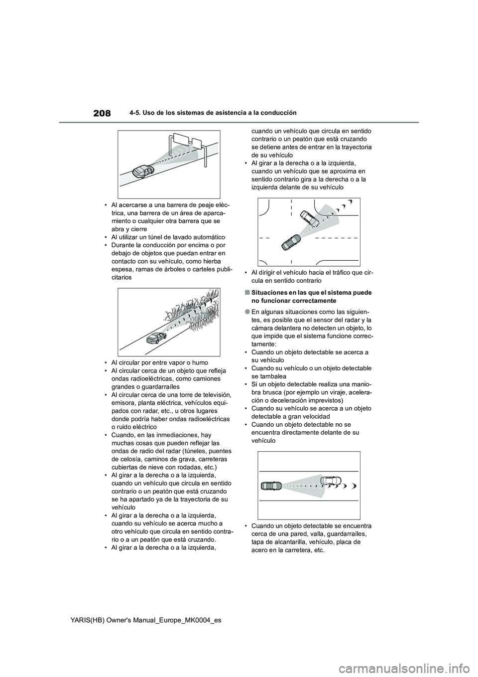 TOYOTA YARIS HATCHBACK 2020  Manual del propietario (in Spanish) 208
YARIS(HB) Owners Manual_Europe_MK0004_es
4-5. Uso de los sistemas de asistencia a la conducción
• Al acercarse a una barrera de peaje eléc-
trica, una barrera de un área de aparca-
miento o 