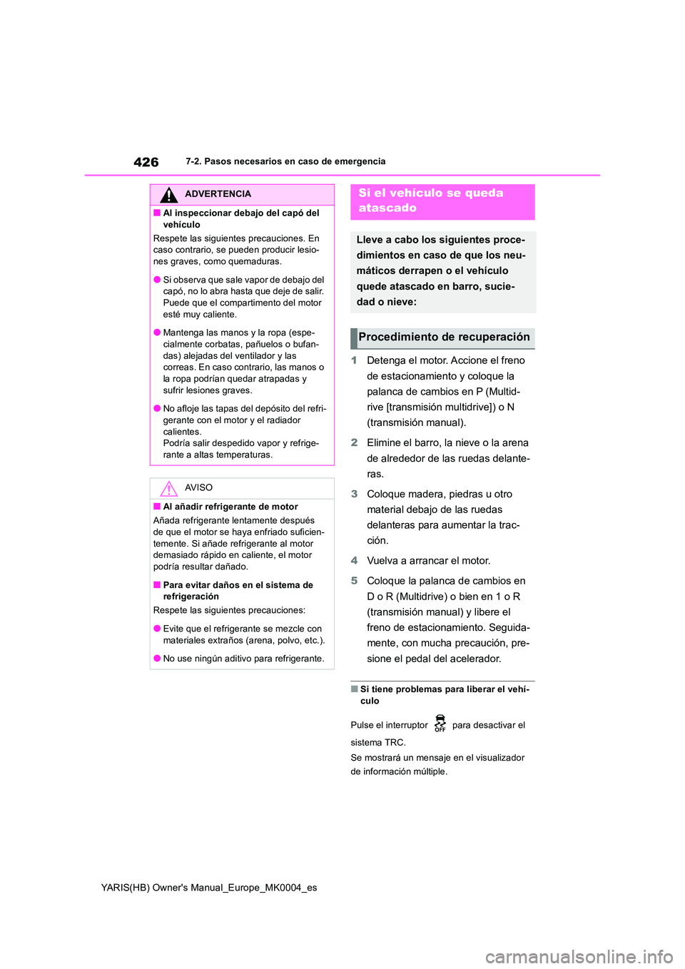 TOYOTA YARIS HATCHBACK 2020  Manual del propietario (in Spanish) 426
YARIS(HB) Owners Manual_Europe_MK0004_es
7-2. Pasos necesarios en caso de emergencia
1Detenga el motor. Accione el freno  
de estacionamiento y coloque la  
palanca de cambios en P (Multid- 
rive