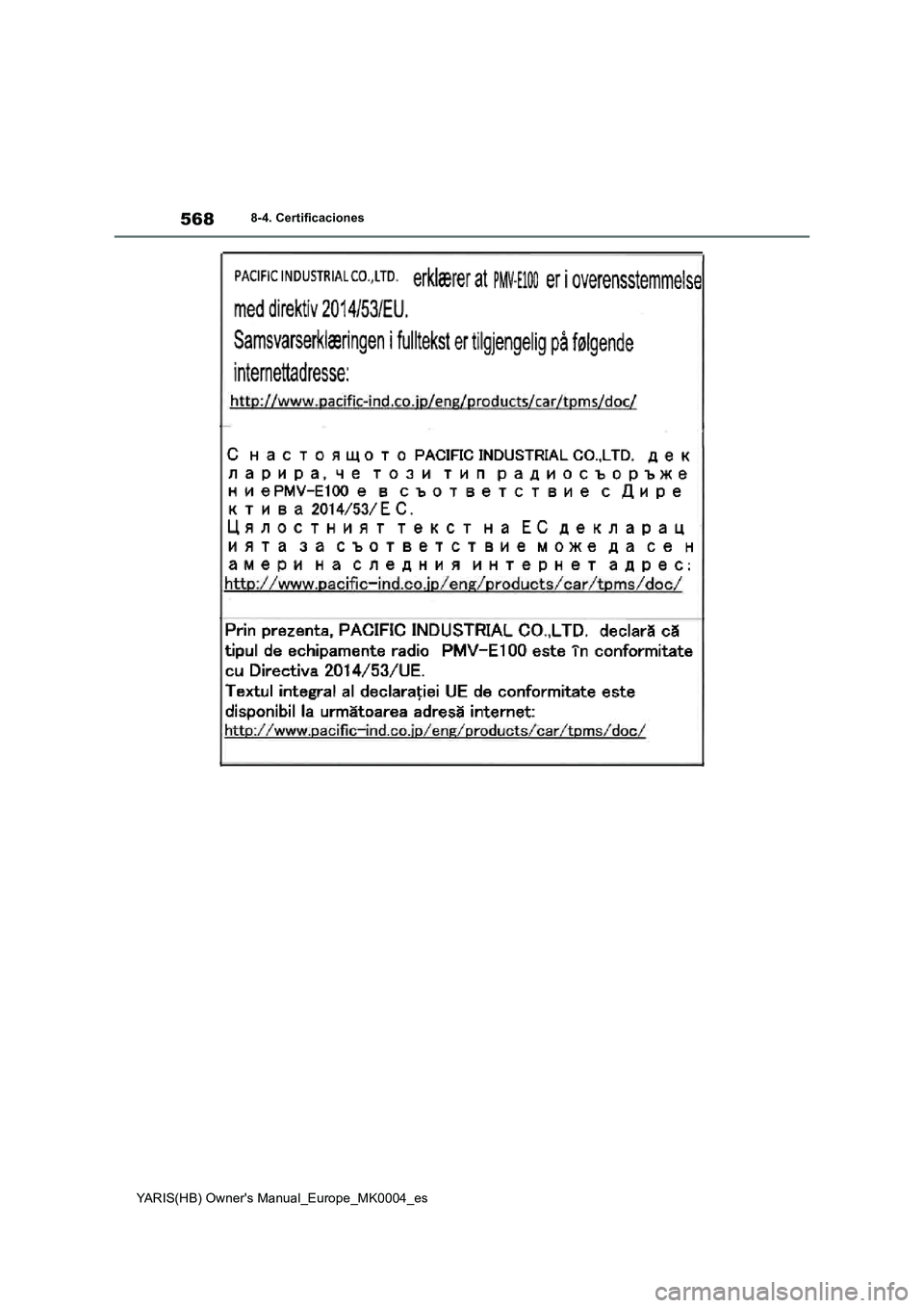 TOYOTA YARIS HATCHBACK 2020  Manual del propietario (in Spanish) 568
YARIS(HB) Owners Manual_Europe_MK0004_es
8-4. Certificaciones 