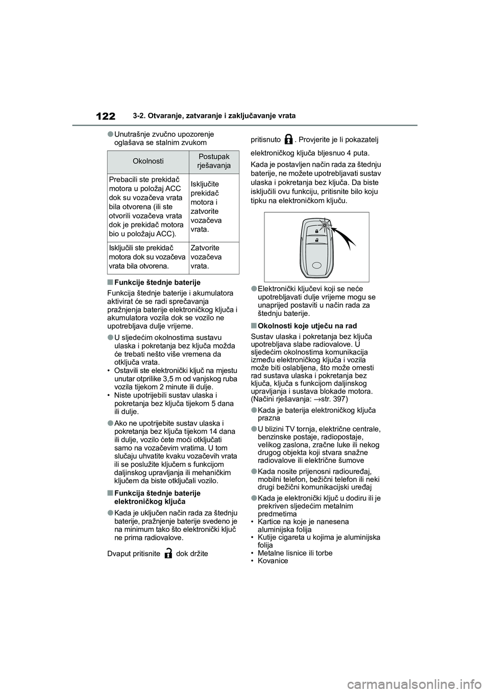 TOYOTA YARIS HATCHBACK 2020 Upute Za Rukovanje (in Croatian) 122
YARIS(HB) Owners Manual_Europe_MK0001_hr
3-2. Otvaranje, zatvaranje i zaključavanje vrata
●Unutrašnje zvučno upozorenje
oglašava se stalnim zvukom
■Funkcije štednje baterije
Funkcija š TOYOTA YARIS HATCHBACK 2020 Upute Za Rukovanje (in Croatian) 122
YARIS(HB) Owners Manual_Europe_MK0001_hr
3-2. Otvaranje, zatvaranje i zaključavanje vrata
●Unutrašnje zvučno upozorenje
oglašava se stalnim zvukom
■Funkcije štednje baterije
Funkcija š