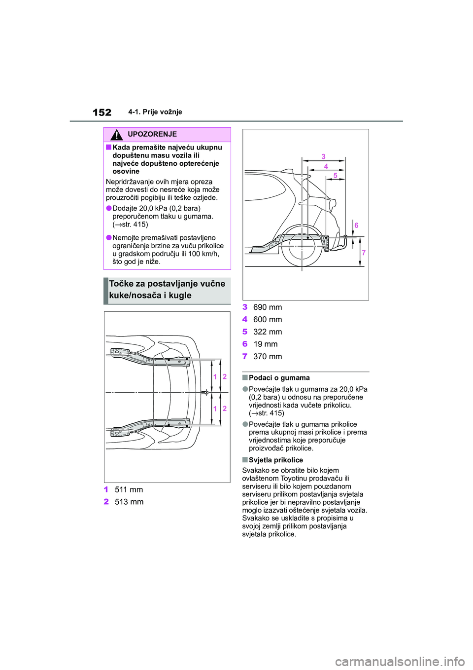 TOYOTA YARIS HATCHBACK 2020 Upute Za Rukovanje (in Croatian) 152
YARIS(HB) Owners Manual_Europe_MK0001_hr
4-1. Prije vožnje
1511 mm
2513 mm3690 mm
4600 mm
5322 mm
619 mm
7370 mm
■Podaci o gumama
●Povećajte tlak u gumama za 20,0 kPa
(0,2 bara) u odnosu n TOYOTA YARIS HATCHBACK 2020 Upute Za Rukovanje (in Croatian) 152
YARIS(HB) Owners Manual_Europe_MK0001_hr
4-1. Prije vožnje
1511 mm
2513 mm3690 mm
4600 mm
5322 mm
619 mm
7370 mm
■Podaci o gumama
●Povećajte tlak u gumama za 20,0 kPa
(0,2 bara) u odnosu n