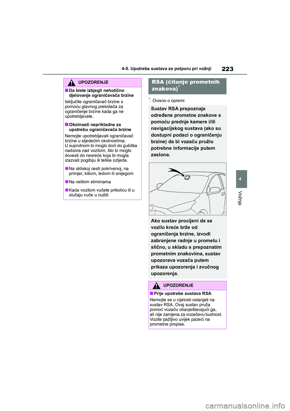 TOYOTA YARIS HATCHBACK 2020 Upute Za Rukovanje (in Croatian) 223
4
YARIS(HB) Owners Manual_Europe_MK0001_hr
4-5. Upotreba sustava za potporu pri vožnji
Vožnja
*: Ovisno o opremi
UPOZORENJE
■Da biste izbjegli nehotično
djelovanje ograničavača brzine
Isk TOYOTA YARIS HATCHBACK 2020 Upute Za Rukovanje (in Croatian) 223
4
YARIS(HB) Owners Manual_Europe_MK0001_hr
4-5. Upotreba sustava za potporu pri vožnji
Vožnja
*: Ovisno o opremi
UPOZORENJE
■Da biste izbjegli nehotično
djelovanje ograničavača brzine
Isk