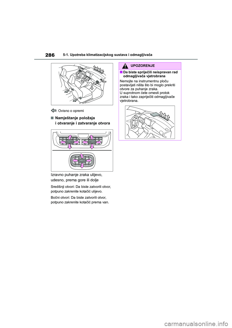 TOYOTA YARIS HATCHBACK 2020  Upute Za Rukovanje (in Croatian) 286
YARIS(HB) Owners Manual_Europe_MK0001_hr
5-1. Upotreba klimatizacijskog sustava i odmagljivača
: Ovisno o opremi
■Namještanje položaja 
i otvaranje i zatvaranje otvora
Izravno puhanje zraka 