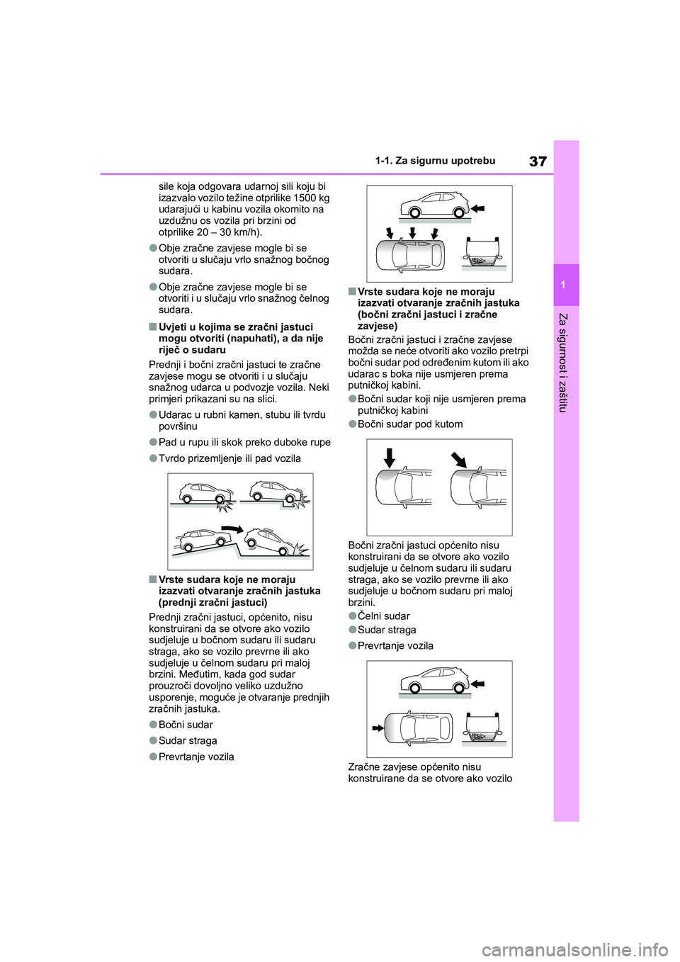 TOYOTA YARIS HATCHBACK 2020 Upute Za Rukovanje (in Croatian) 37
1
YARIS(HB) Owners Manual_Europe_MK0001_hr
1-1. Za sigurnu upotrebu
Za sigurnost i zaštitu
sile koja odgovara udarnoj sili koju bi
izazvalo vozilo težine otprilike 1500 kg
udarajući u kabinu TOYOTA YARIS HATCHBACK 2020 Upute Za Rukovanje (in Croatian) 37
1
YARIS(HB) Owners Manual_Europe_MK0001_hr
1-1. Za sigurnu upotrebu
Za sigurnost i zaštitu
sile koja odgovara udarnoj sili koju bi
izazvalo vozilo težine otprilike 1500 kg
udarajući u kabinu