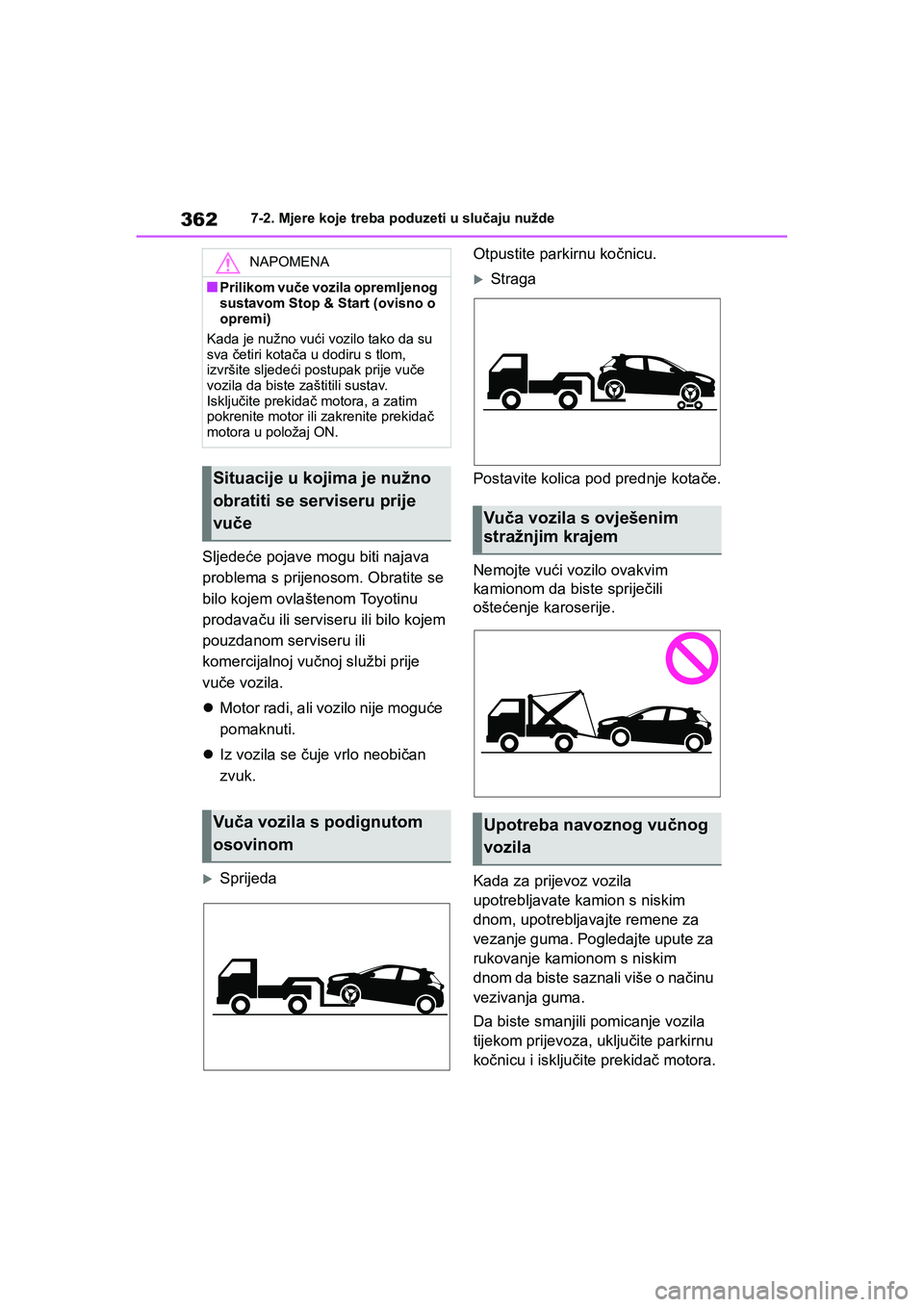 TOYOTA YARIS HATCHBACK 2020  Upute Za Rukovanje (in Croatian) 362
YARIS(HB) Owners Manual_Europe_MK0001_hr
7-2. Mjere koje treba poduzeti u slučaju nužde
Sljedeće pojave mogu biti najava 
problema s prijenosom. Obratite se 
bilo kojem ovlaštenom Toyotinu 
p