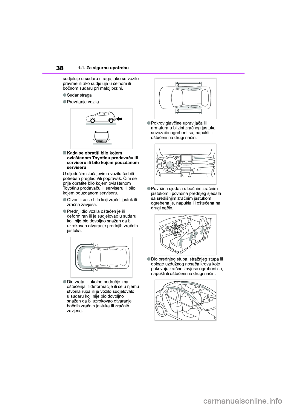 TOYOTA YARIS HATCHBACK 2020 Upute Za Rukovanje (in Croatian) 38
YARIS(HB) Owners Manual_Europe_MK0001_hr
1-1. Za sigurnu upotrebu
sudjeluje u sudaru straga, ako se vozilo
prevrne ili ako sudjeluje u čelnom ili
bočnom sudaru pri maloj brzini.
●Sudar strag TOYOTA YARIS HATCHBACK 2020 Upute Za Rukovanje (in Croatian) 38
YARIS(HB) Owners Manual_Europe_MK0001_hr
1-1. Za sigurnu upotrebu
sudjeluje u sudaru straga, ako se vozilo
prevrne ili ako sudjeluje u čelnom ili
bočnom sudaru pri maloj brzini.
●Sudar strag