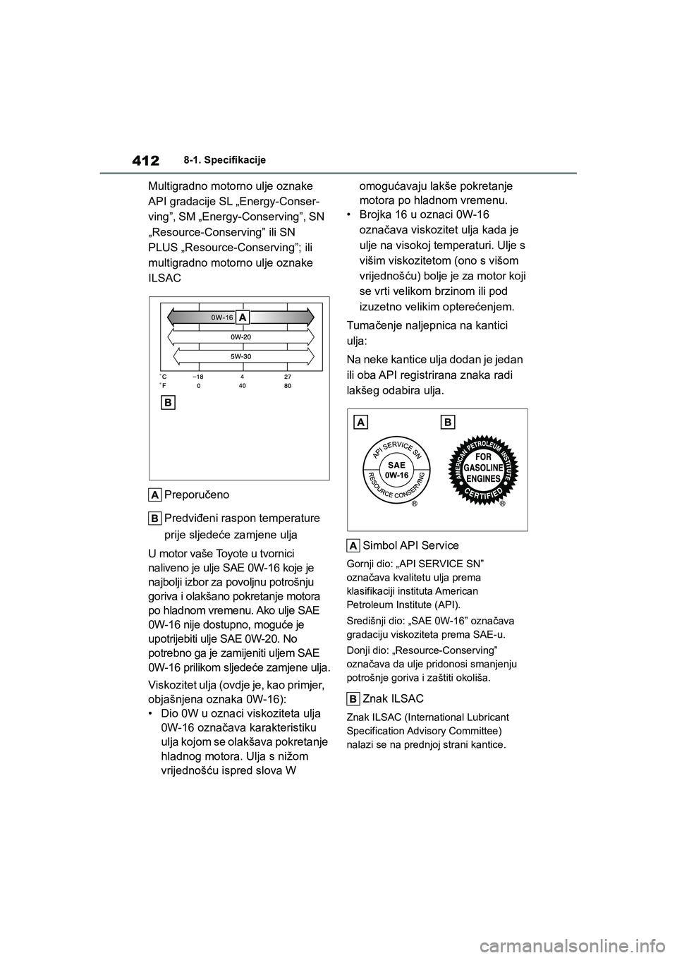 TOYOTA YARIS HATCHBACK 2020 Upute Za Rukovanje (in Croatian) 412
YARIS(HB) Owners Manual_Europe_MK0001_hr
8-1. Specifikacije
Multigradno motorno ulje oznake
API gradacije SL „Energy-Conser-
ving”, SM „Energy-Conserving”, SN
„Resource-Conserving” TOYOTA YARIS HATCHBACK 2020 Upute Za Rukovanje (in Croatian) 412
YARIS(HB) Owners Manual_Europe_MK0001_hr
8-1. Specifikacije
Multigradno motorno ulje oznake
API gradacije SL „Energy-Conser-
ving”, SM „Energy-Conserving”, SN
„Resource-Conserving”