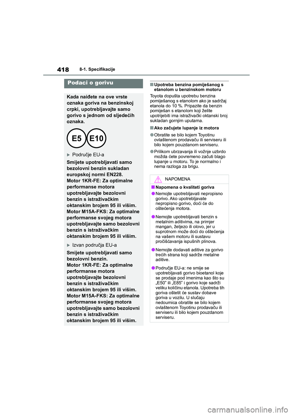 TOYOTA YARIS HATCHBACK 2020 Upute Za Rukovanje (in Croatian) 418
YARIS(HB) Owners Manual_Europe_MK0001_hr
8-1. Specifikacije
■Upotreba benzina pomiješanog s
etanolom u benzinskom motoru
Toyota dopušta upotrebu benzina
pomiješanog s etanolom ako je sadr TOYOTA YARIS HATCHBACK 2020 Upute Za Rukovanje (in Croatian) 418
YARIS(HB) Owners Manual_Europe_MK0001_hr
8-1. Specifikacije
■Upotreba benzina pomiješanog s
etanolom u benzinskom motoru
Toyota dopušta upotrebu benzina
pomiješanog s etanolom ako je sadr