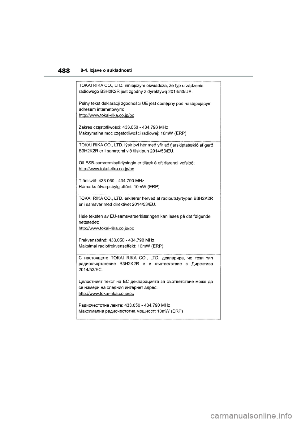TOYOTA YARIS HATCHBACK 2020  Upute Za Rukovanje (in Croatian) 488
YARIS(HB) Owners Manual_Europe_MK0001_hr
8-4. Izjave o sukladnosti
YARIS(HB)_OM_Europe_OMK0001CR.book  Page 488  Friday, October 9, 2020  7:38 PM 