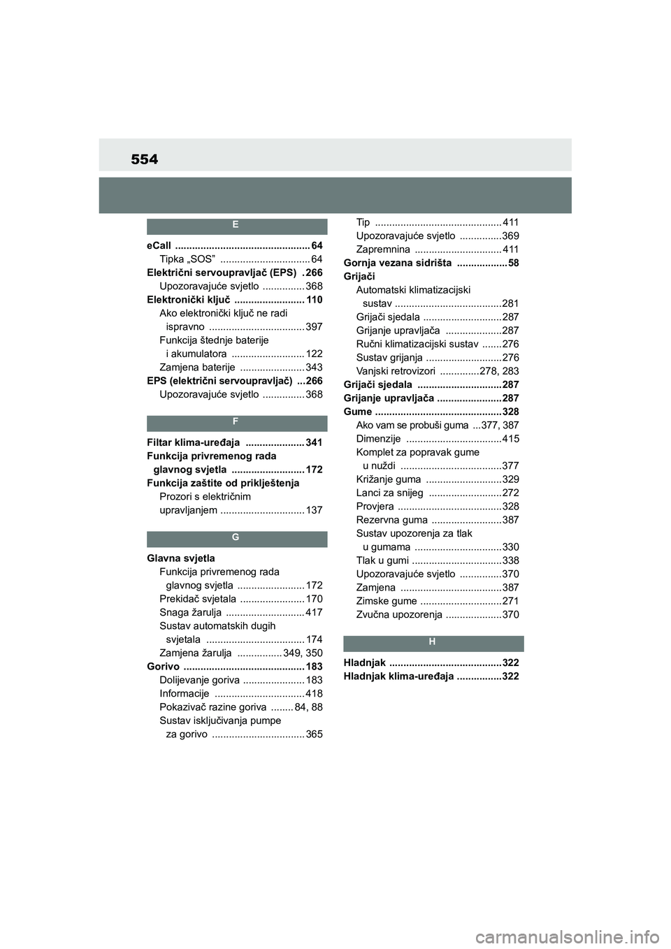 TOYOTA YARIS HATCHBACK 2020 Upute Za Rukovanje (in Croatian) 554
YARIS(HB) Owners Manual_Europe_MK0001_hr
E
eCall ................................................ 64
Tipka „SOS” ................................ 64
Električni servoupravljač (EPS) . 26 TOYOTA YARIS HATCHBACK 2020 Upute Za Rukovanje (in Croatian) 554
YARIS(HB) Owners Manual_Europe_MK0001_hr
E
eCall ................................................ 64
Tipka „SOS” ................................ 64
Električni servoupravljač (EPS) . 26