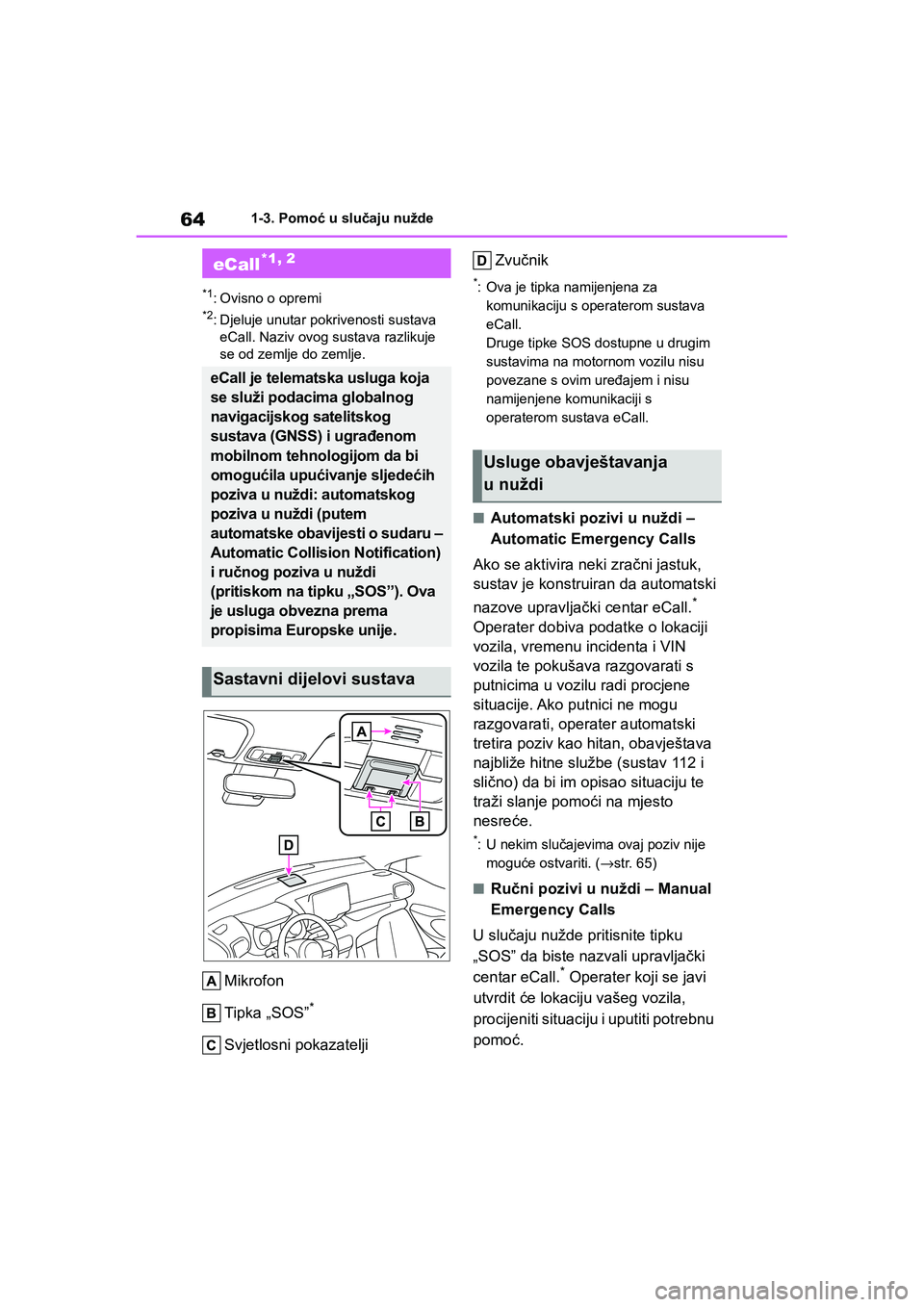TOYOTA YARIS HATCHBACK 2020  Upute Za Rukovanje (in Croatian) 64
YARIS(HB) Owners Manual_Europe_MK0001_hr
1-3. Pomoć u slučaju nužde
1-3.Pomoć u slučaju nužde
*1: Ovisno o opremi
*2: Djeluje unutar pokrivenosti sustava 
eCall. Naziv ovog sustava razlikuje