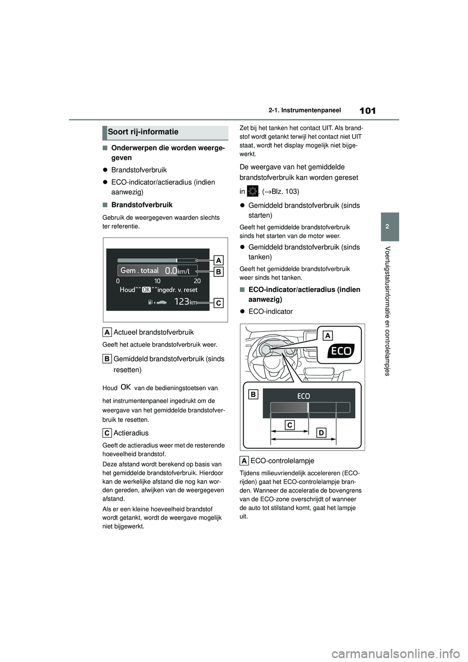 TOYOTA YARIS HATCHBACK 2020  Instructieboekje (in Dutch) 101
2
YARIS(HB) handleiding_Europa_MK0001_nl
2-1. Instrumentenpaneel
Voertuigstatusinformatie en controlelampjes
■Onderwerpen die worden weerge-
geven
 Brandstofverbruik
 ECO-indicator/actiera
