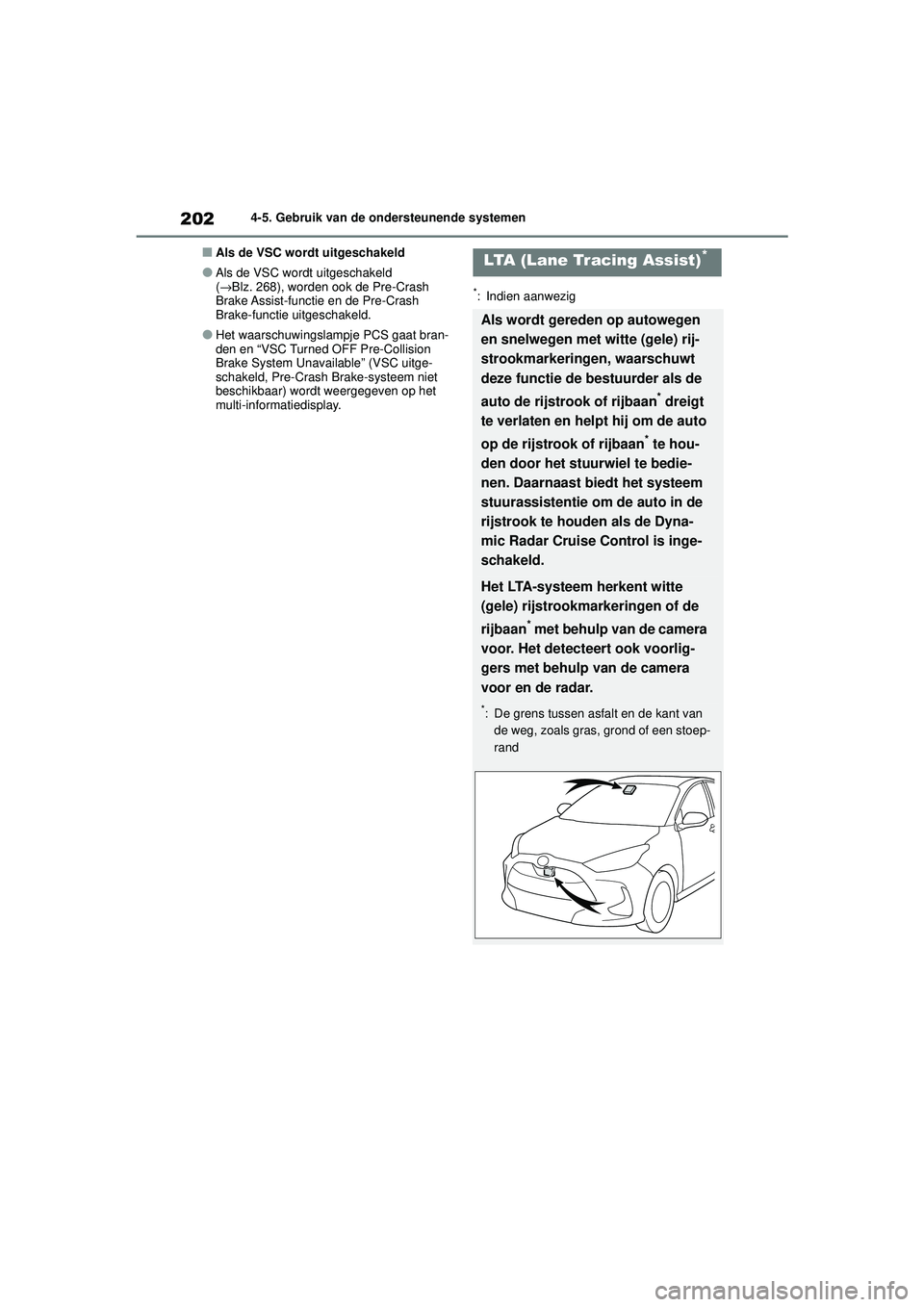 TOYOTA YARIS HATCHBACK 2020  Instructieboekje (in Dutch) 202
YARIS(HB) handleiding_Europa_MK0001_nl
4-5. Gebruik van de ondersteunende systemen
■Als de VSC wordt uitgeschakeld
●Als de VSC wordt uitgeschakeld 
(→ Blz. 268), worden ook de Pre-Crash 
Bra