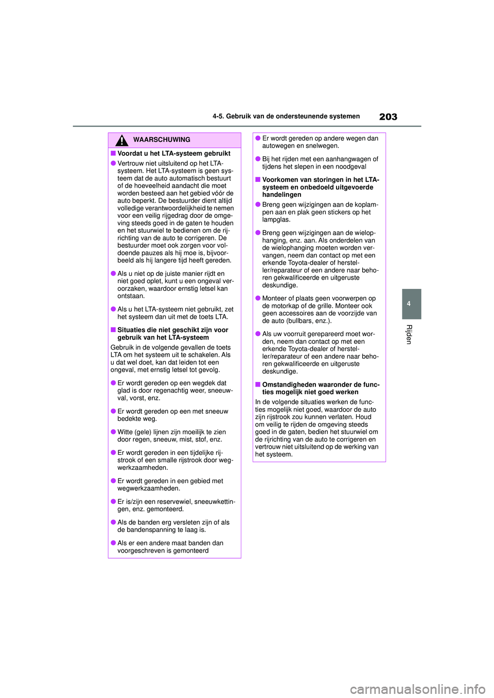 TOYOTA YARIS HATCHBACK 2020  Instructieboekje (in Dutch) 203
4
YARIS(HB) handleiding_Europa_MK0001_nl
4-5. Gebruik van de ondersteunende systemen
Rijden
WAARSCHUWING
■Voordat u het LTA-systeem gebruikt
●Vertrouw niet uitsluitend op het LTA-
systeem. Het