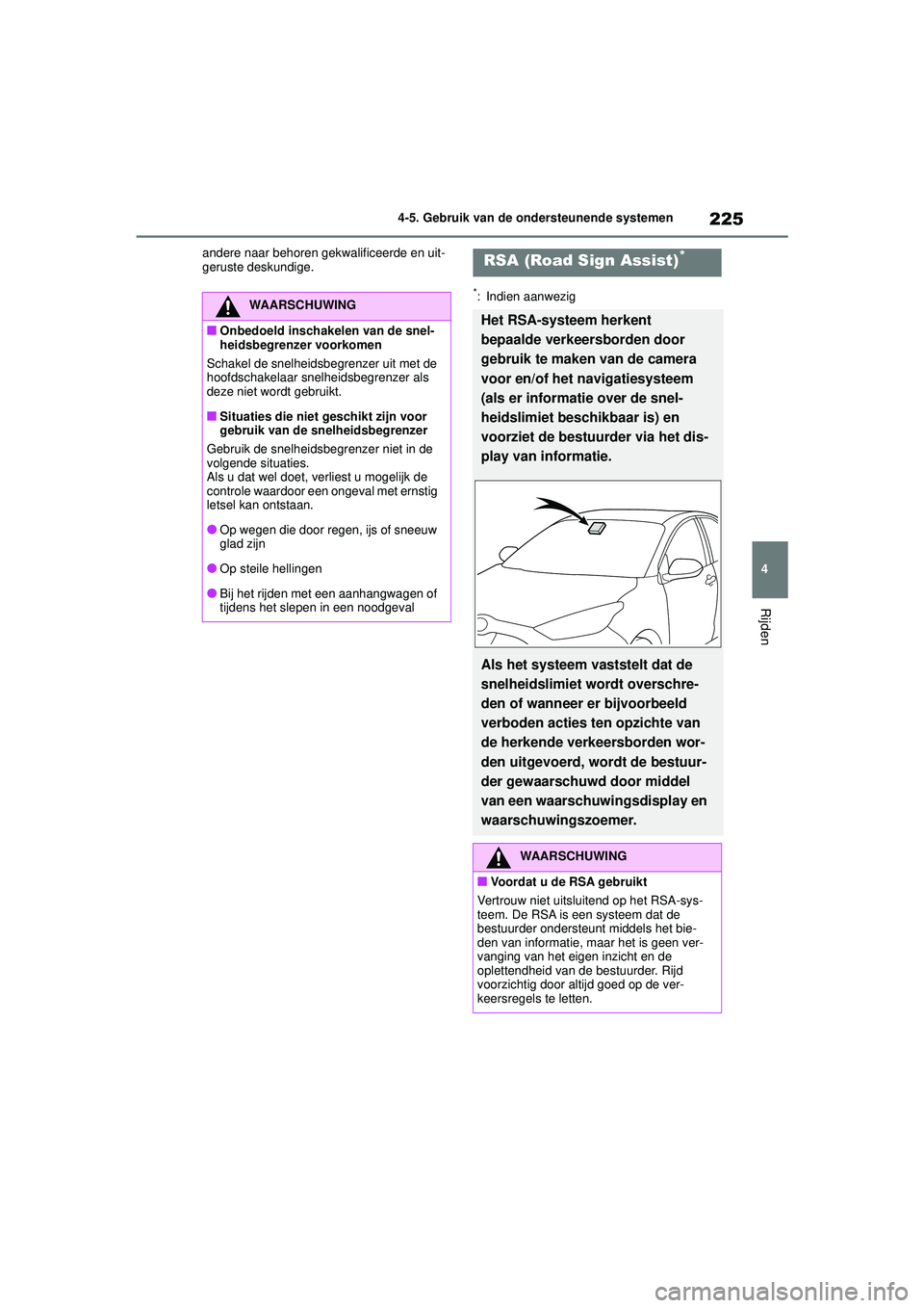 TOYOTA YARIS HATCHBACK 2020  Instructieboekje (in Dutch) 225
4
YARIS(HB) handleiding_Europa_MK0001_nl
4-5. Gebruik van de ondersteunende systemen
Rijden
andere naar behoren gekwalificeerde en uit-
geruste deskundige.
*: Indien aanwezigWAARSCHUWING
■Onbedo