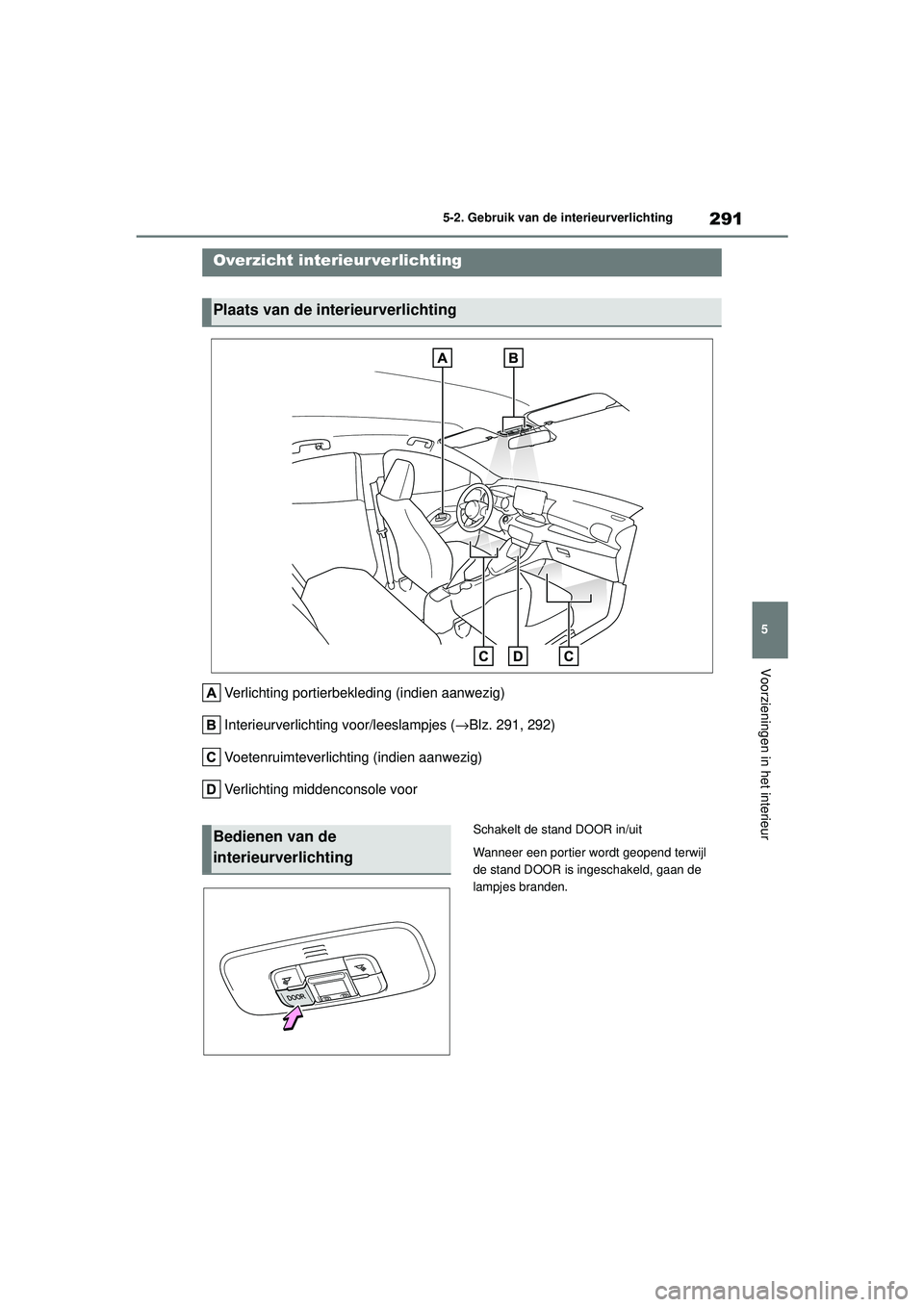 TOYOTA YARIS HATCHBACK 2020  Instructieboekje (in Dutch) 291
5
YARIS(HB) handleiding_Europa_MK0001_nl
5-2. Gebruik van de interieurverlichting
Voorzieningen in het interieur
5-2.Gebruik van de interieurverlichting
Verlichting portierbekleding (indien aanwez