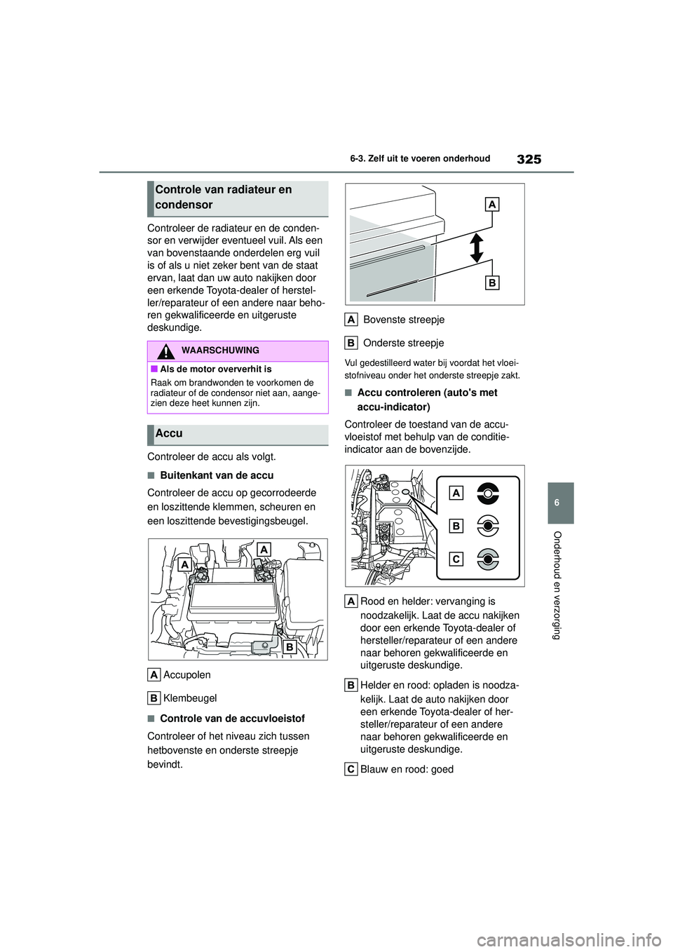 TOYOTA YARIS HATCHBACK 2020  Instructieboekje (in Dutch) 325
6
YARIS(HB) handleiding_Europa_MK0001_nl
6-3. Zelf uit te voeren onderhoud
Onderhoud en verzorging
Controleer de radiateur en de conden-
sor en verwijder eventueel vuil. Als een 
van bovenstaande 