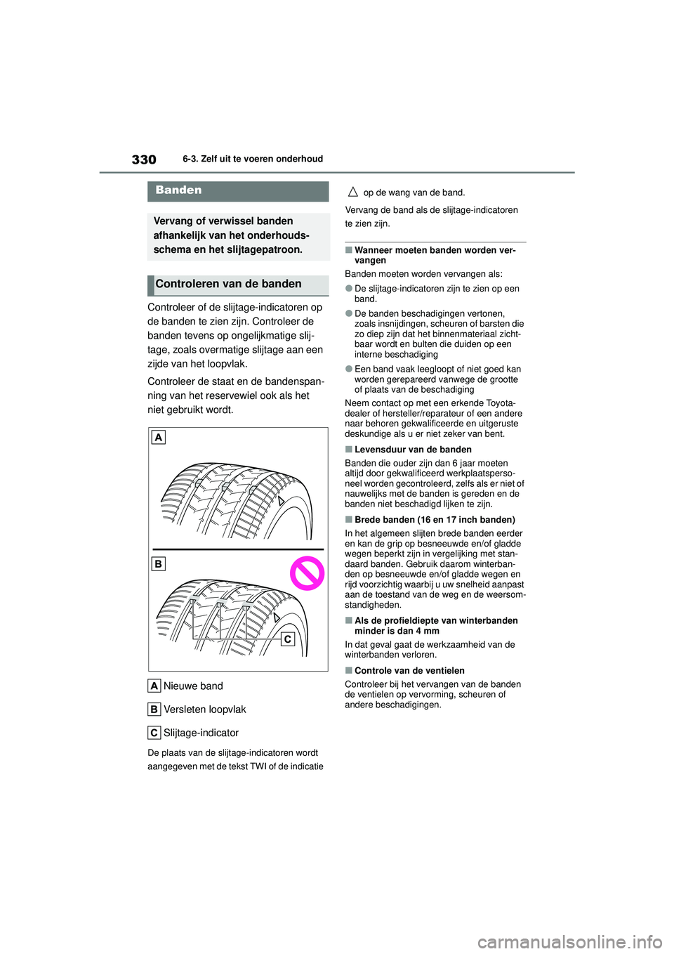 TOYOTA YARIS HATCHBACK 2020  Instructieboekje (in Dutch) 330
YARIS(HB) handleiding_Europa_MK0001_nl
6-3. Zelf uit te voeren onderhoud
Controleer of de slijtage-indicatoren op 
de banden te zien zijn. Controleer de 
banden tevens op ongelijkmatige slij-
tage