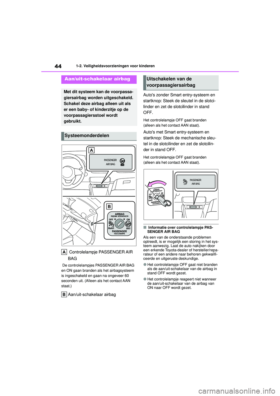 TOYOTA YARIS HATCHBACK 2020  Instructieboekje (in Dutch) 44
YARIS(HB) handleiding_Europa_MK0001_nl
1-2. Veiligheidsvoorzieningen voor kinderen
1-2.Veiligheidsvoorzieningen voor kinderen
 Controlelampje PASSENGER AIR 
BAG
 De controlelampjes PASSENGER AIR BA