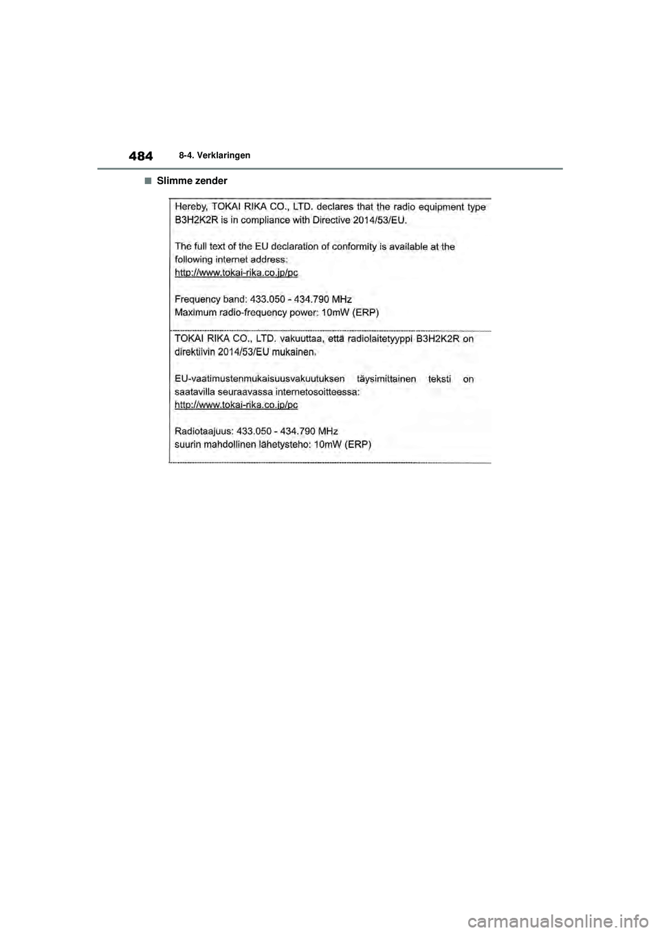 TOYOTA YARIS HATCHBACK 2020  Instructieboekje (in Dutch) 484
YARIS(HB) handleiding_Europa_MK0001_nl
8-4. Verklaringen
■Slimme zender
YARIS(HB)_OM_Europe_OMK0001E.book  Page 484  Thursday, March 12, 2020  9:10 AM 